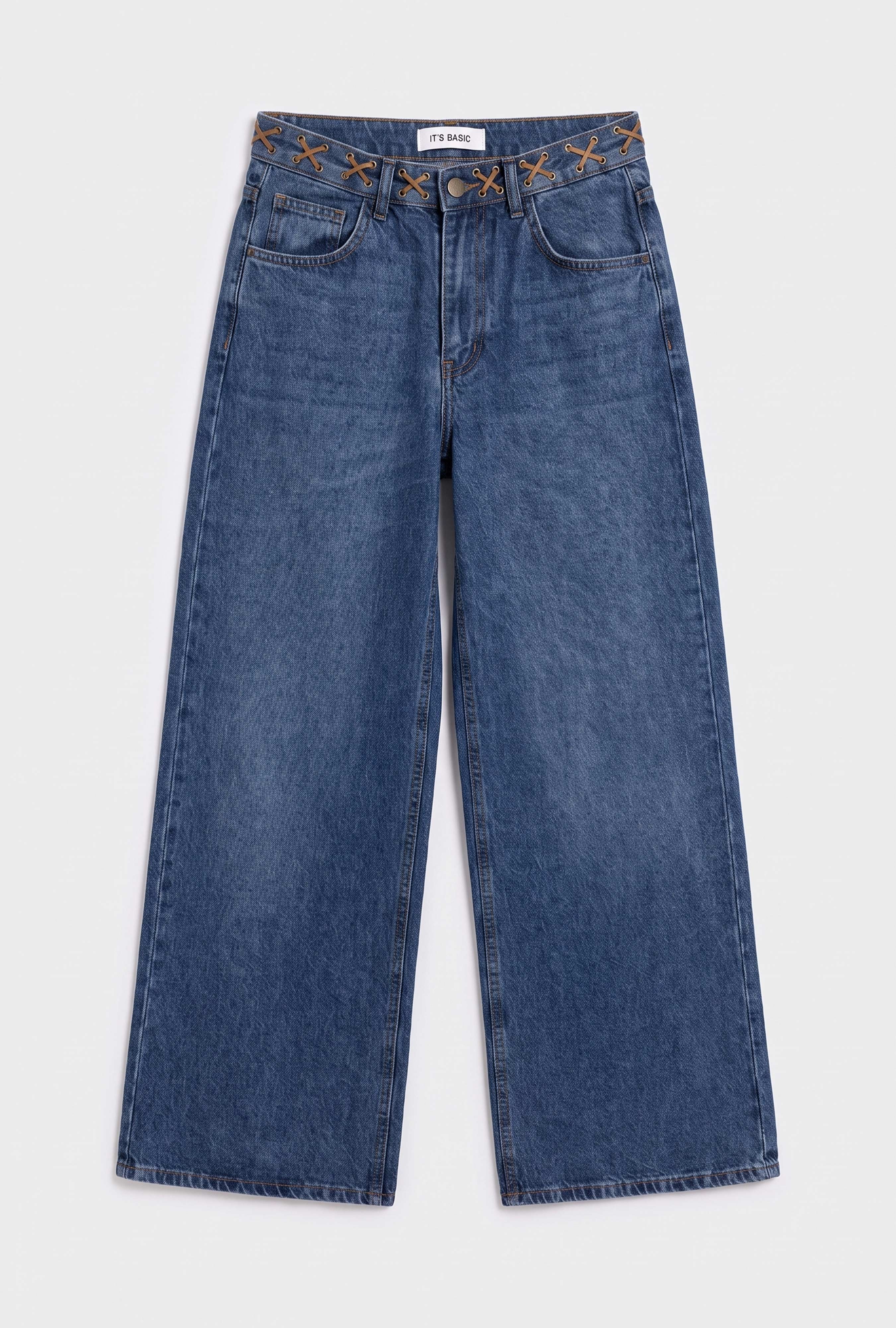 Kadın Mavi 2w6-8 Palazzo Fit Kemer Detaylı Özel Tasarım Denim Jean