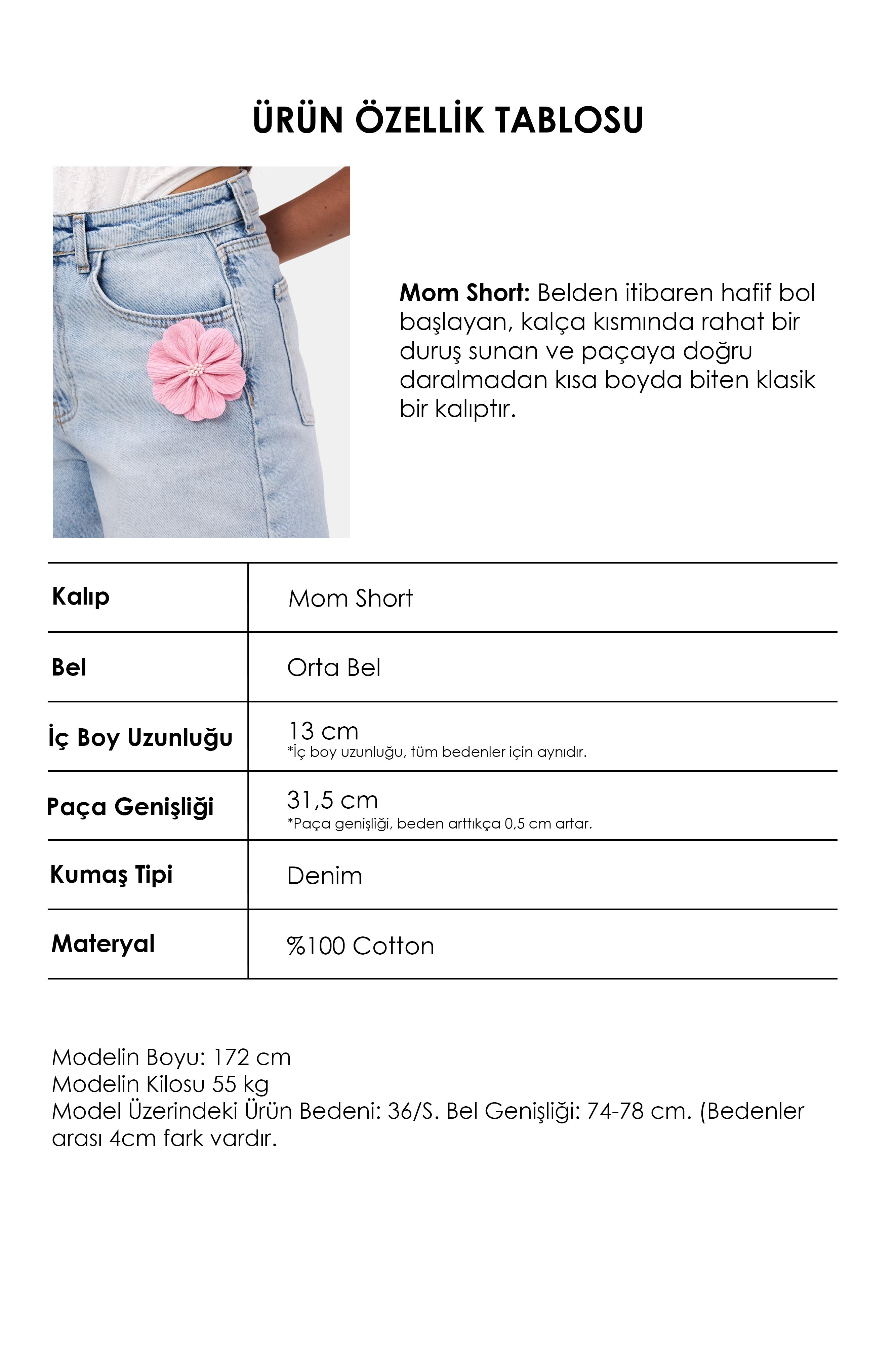 Kadın Mavi 4s6-3 Mom Relax Gül ve Nakış Detaylı Özel Tasarım Denim Şort