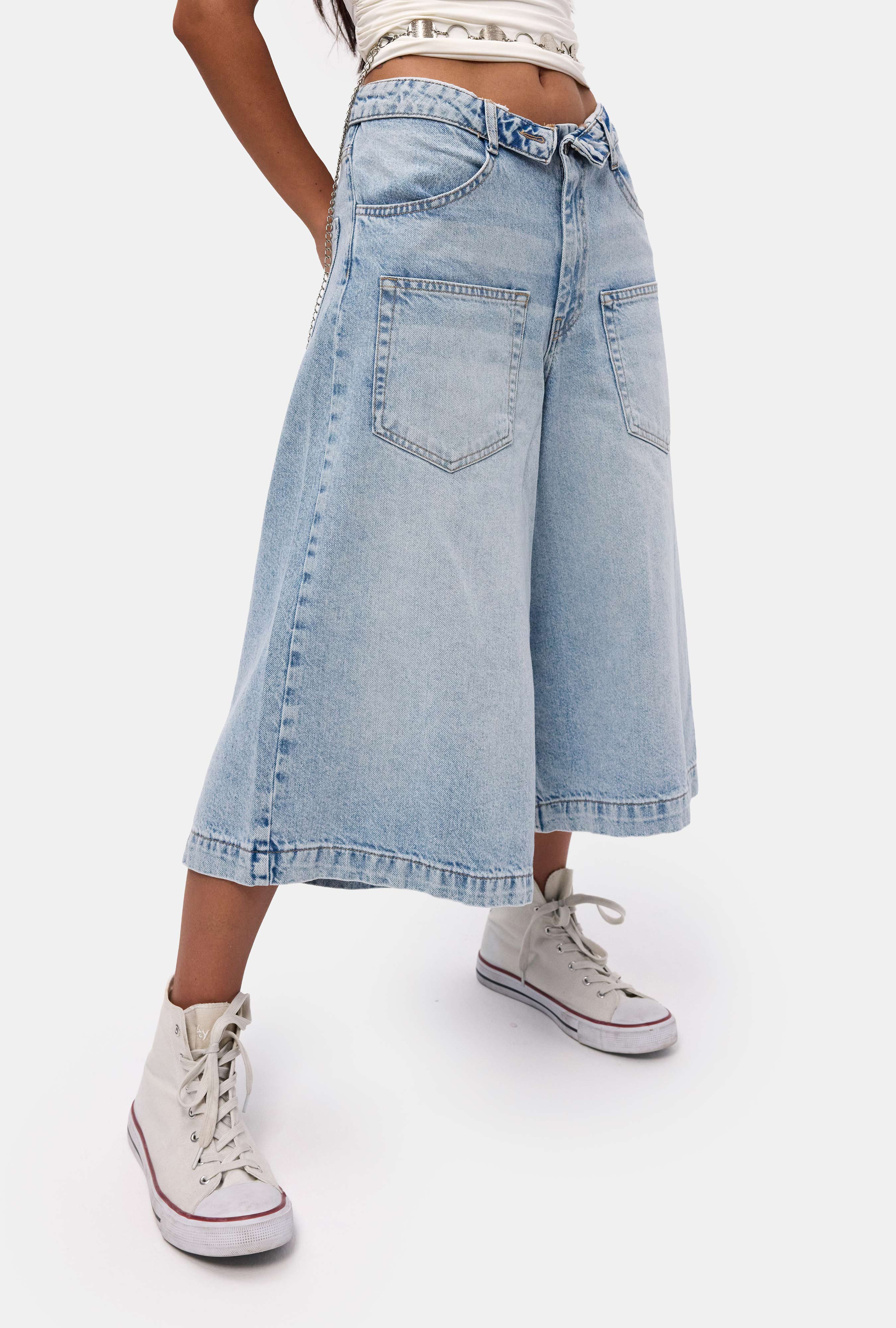 Kadın Mavi 4s6-3 Süper Baggy Fit Kemer Detaylı Maxi Boy Denim Jort