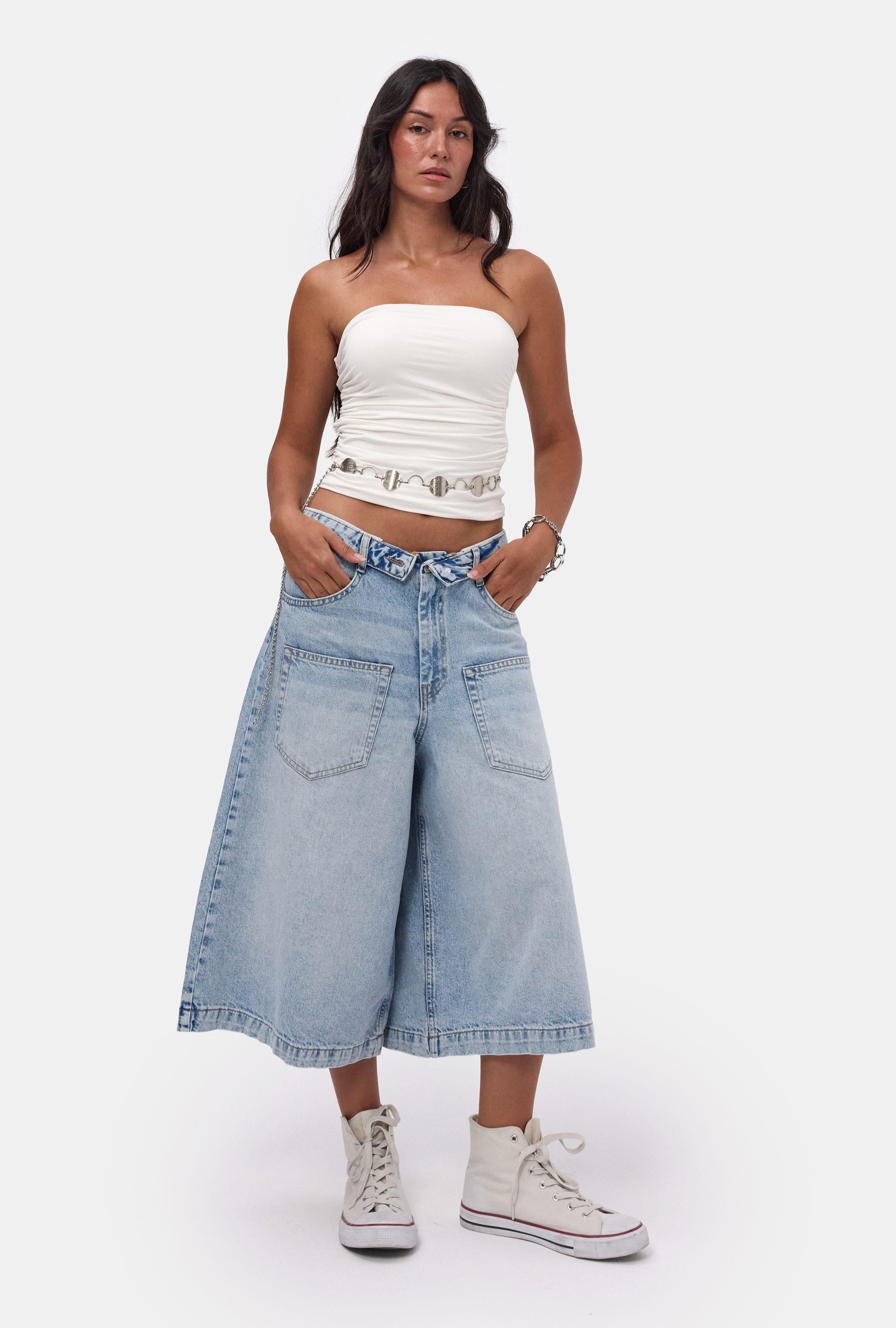 Kadın Mavi 4s6-3 Süper Baggy Fit Kemer Detaylı Maxi Boy Denim Jort