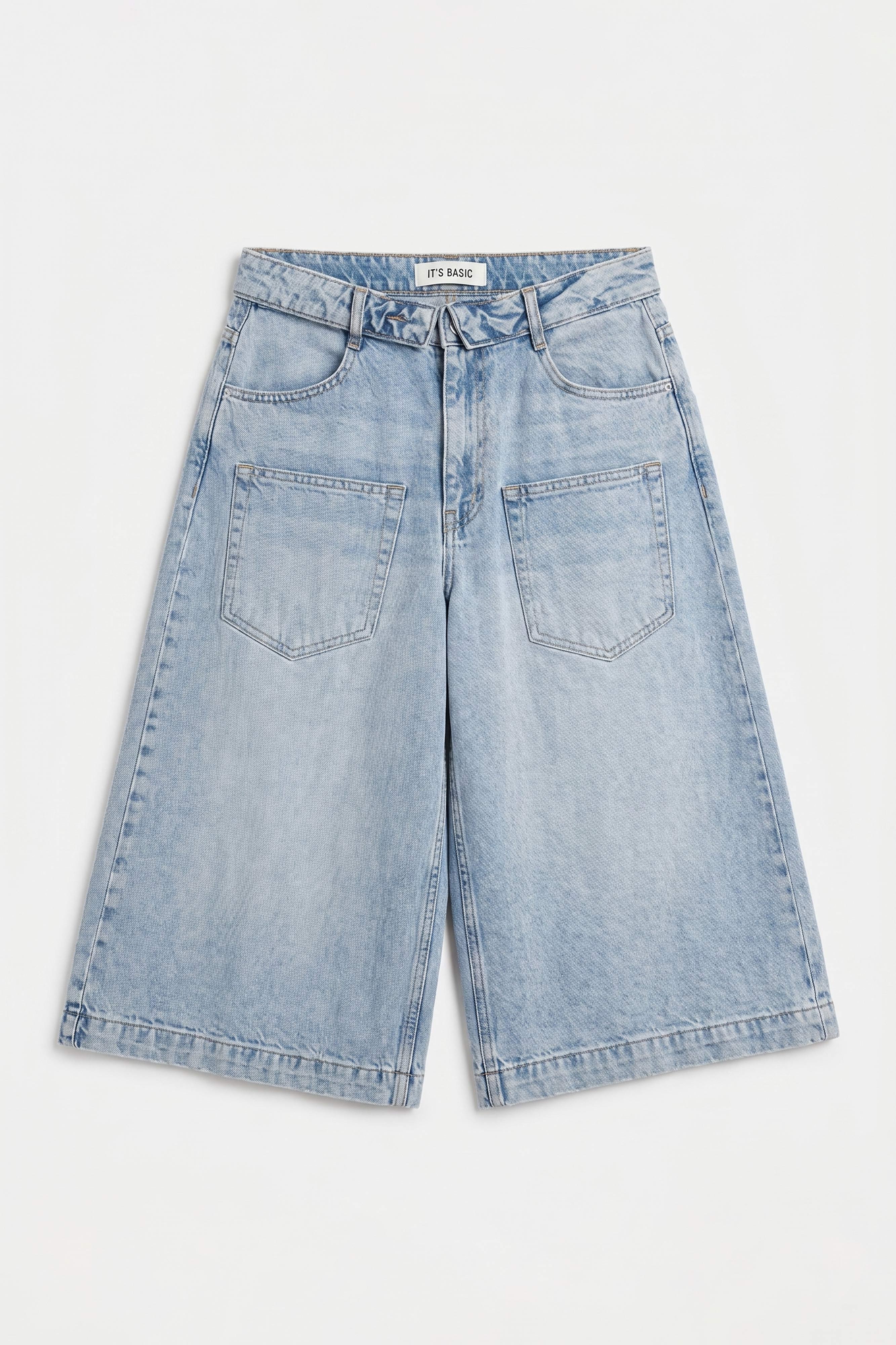 Kadın Mavi 4s6-3 Süper Baggy Fit Kemer Detaylı Maxi Boy Denim Jort