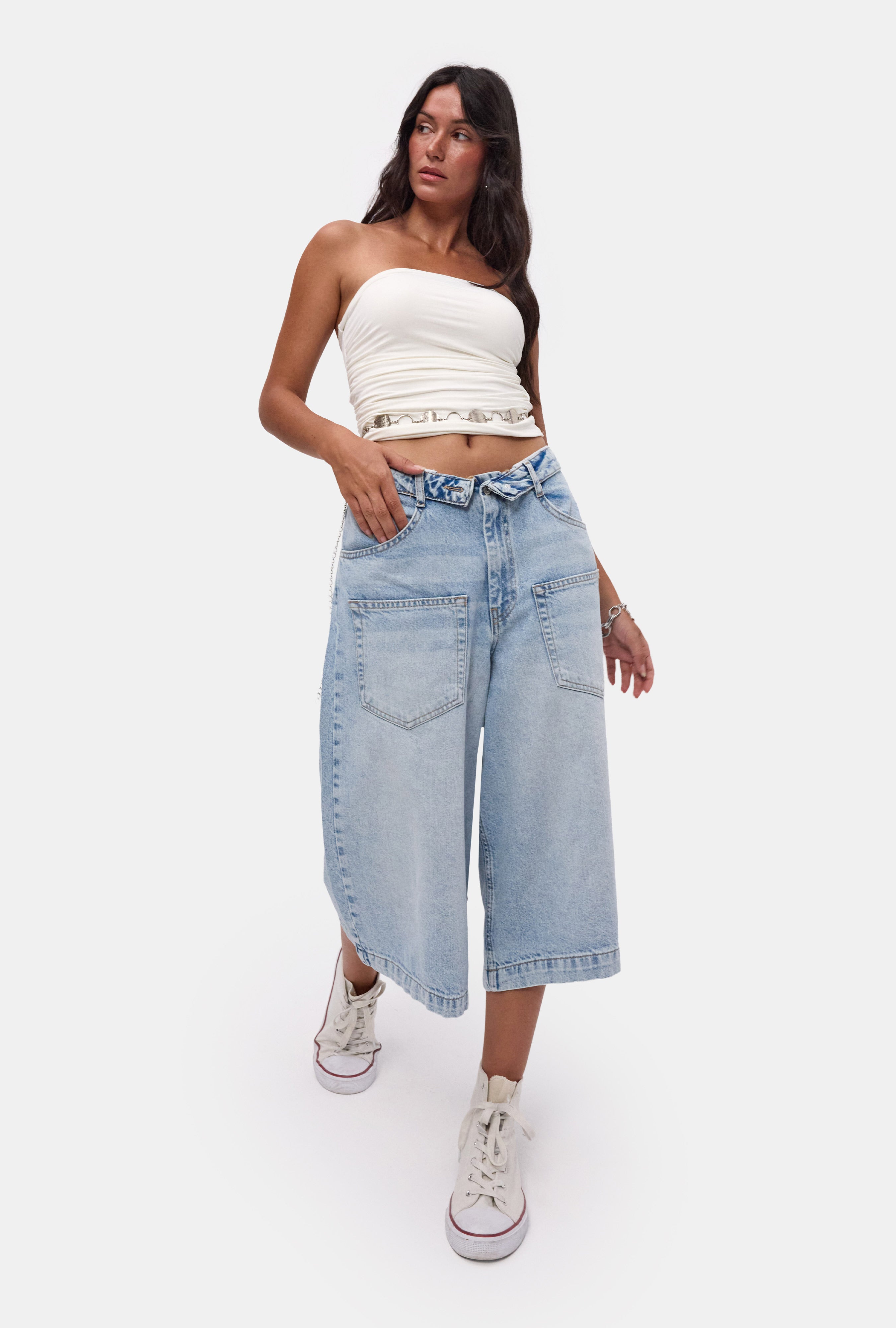 Kadın Mavi 4s6-3 Süper Baggy Fit Kemer Detaylı Maxi Boy Denim Jort