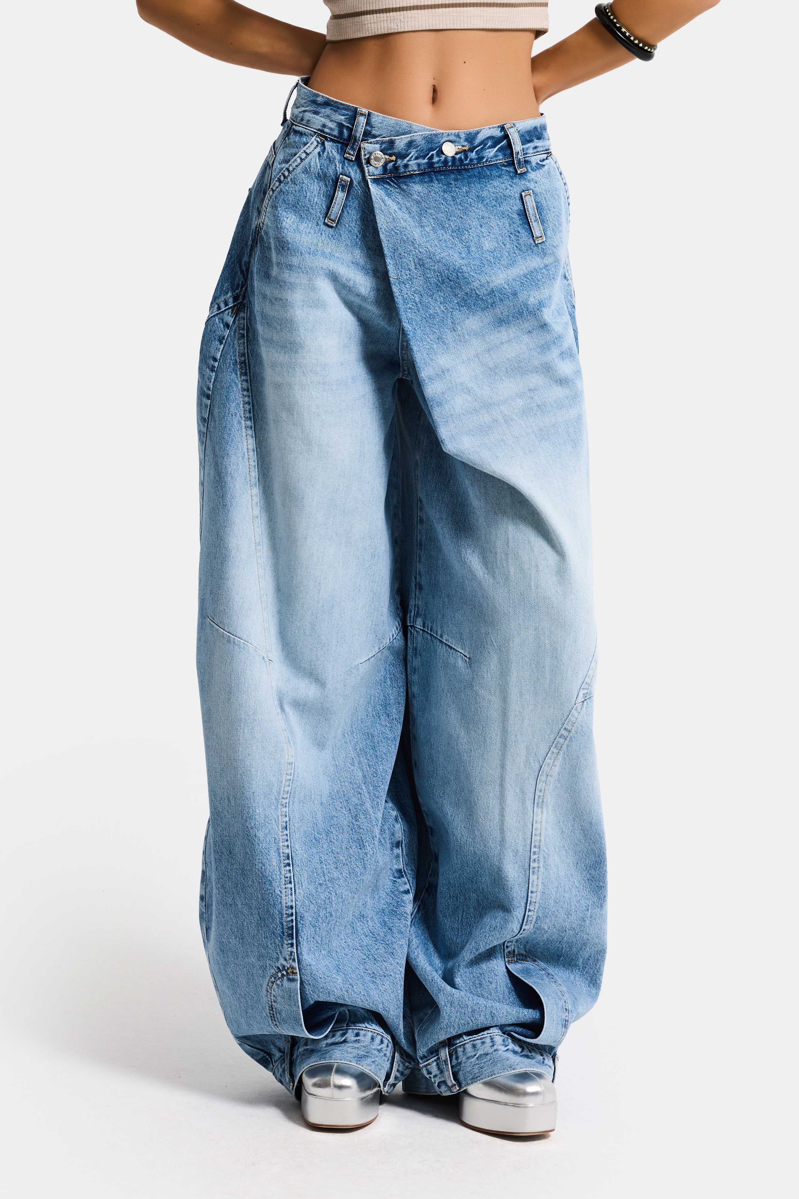 Kadın Mavi 4s6-3 Süper Baggy Fit Kemer Detaylı Özel Tasarım Denim Jean