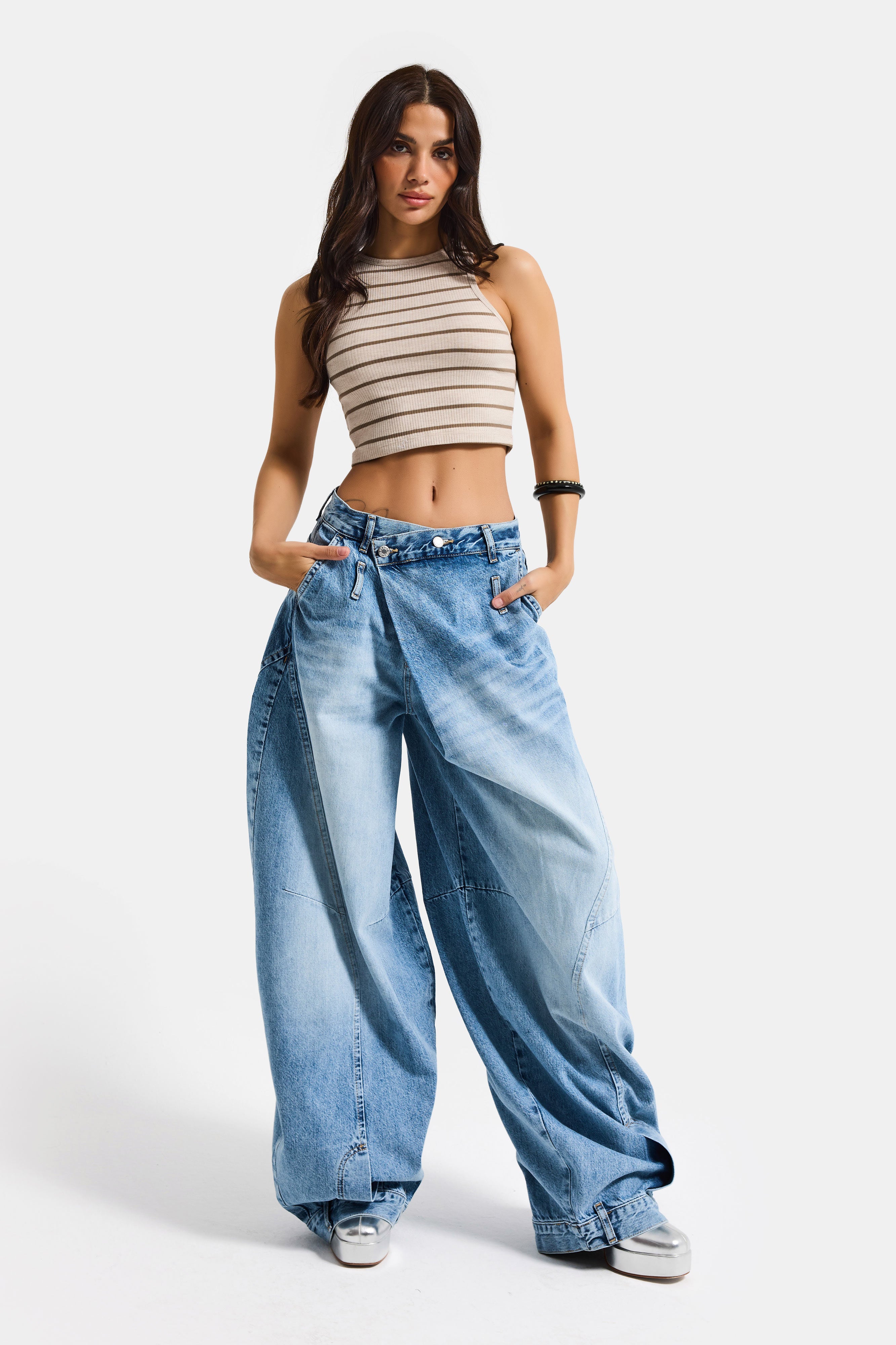 Kadın Mavi 4s6-3 Süper Baggy Fit Kemer Detaylı Özel Tasarım Denim Jean