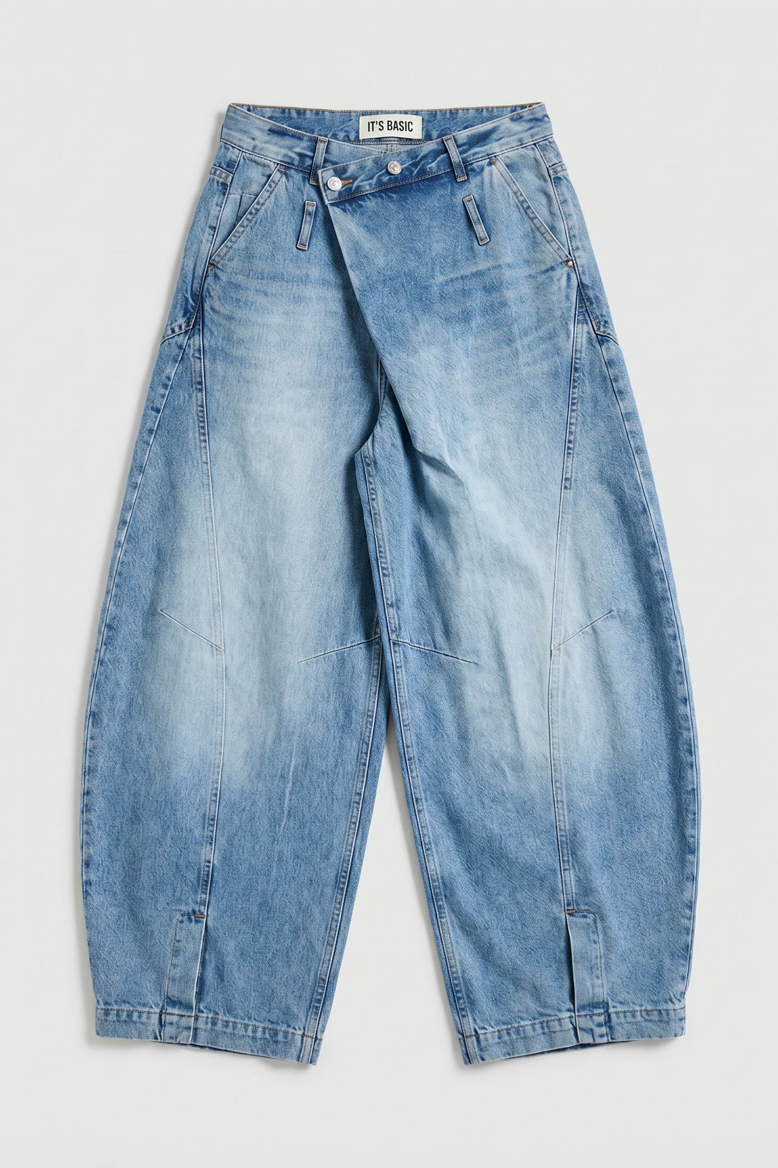 Kadın Mavi 4s6-3 Süper Baggy Fit Kemer Detaylı Özel Tasarım Denim Jean