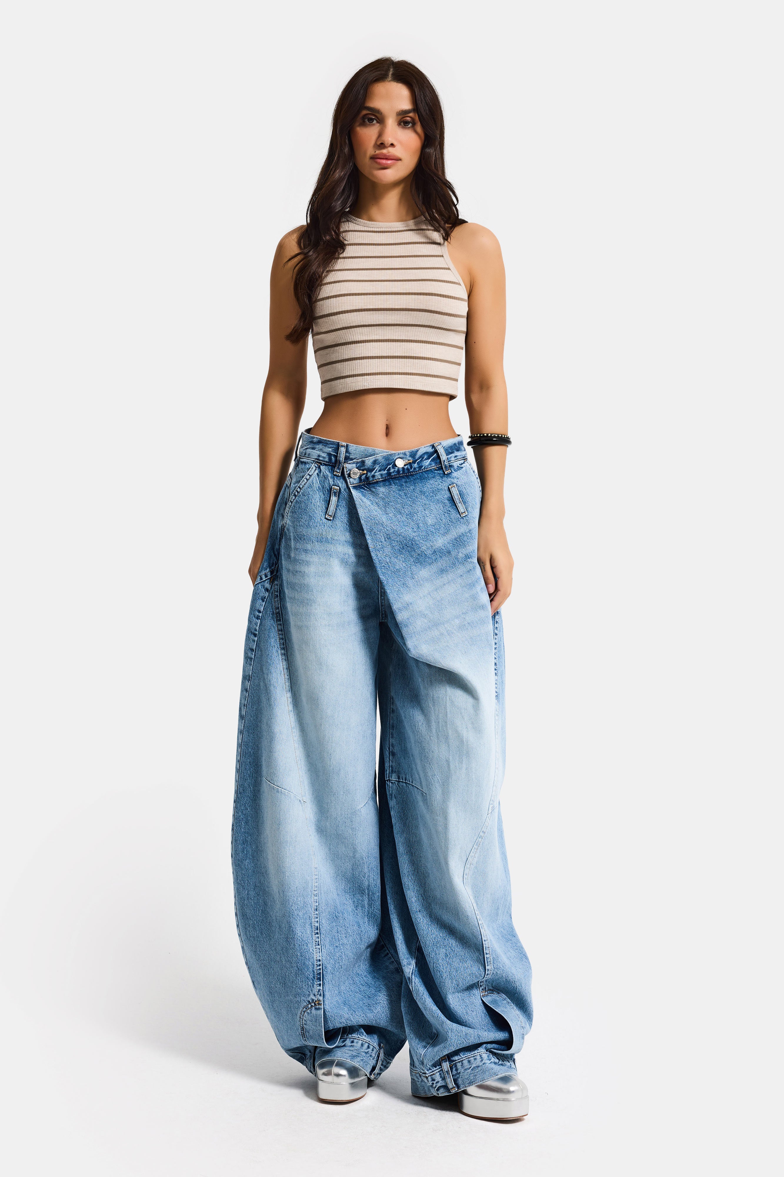 Kadın Mavi 4s6-3 Süper Baggy Fit Kemer Detaylı Özel Tasarım Denim Jean