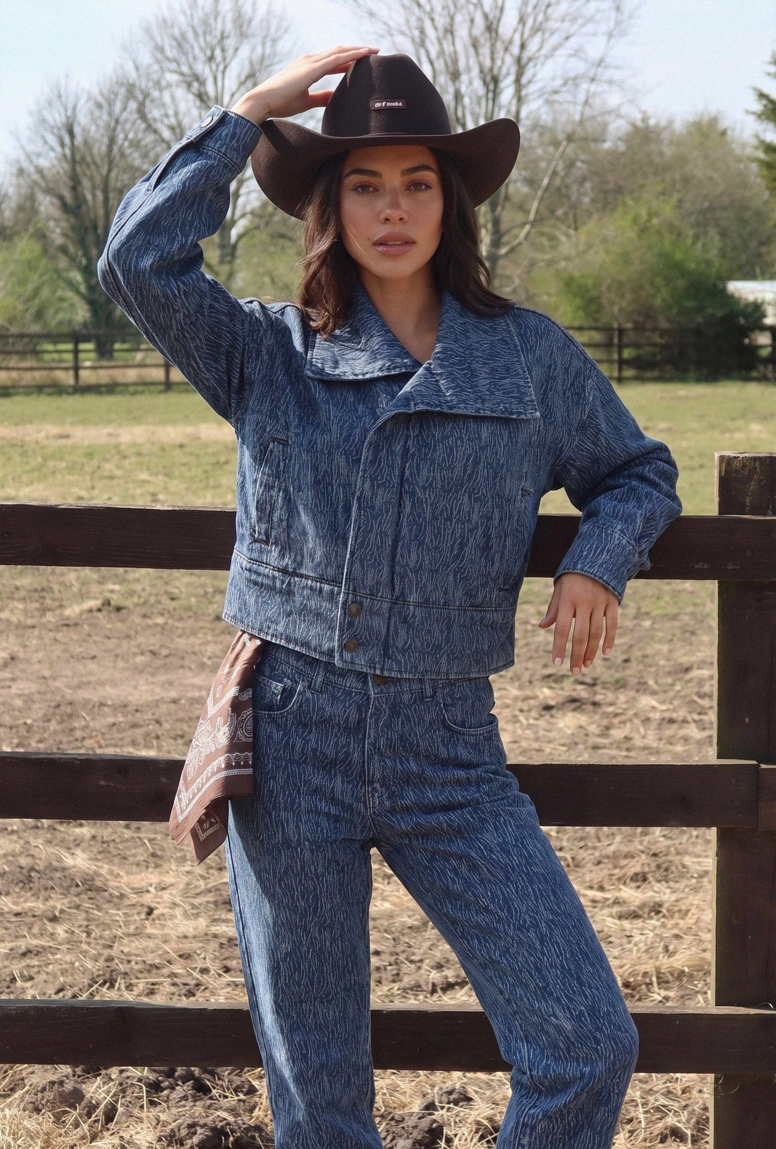 Kadın Mavi 9w6-197 Crop Kruvaze Özel Kumaş Tasarım Denim Ceket