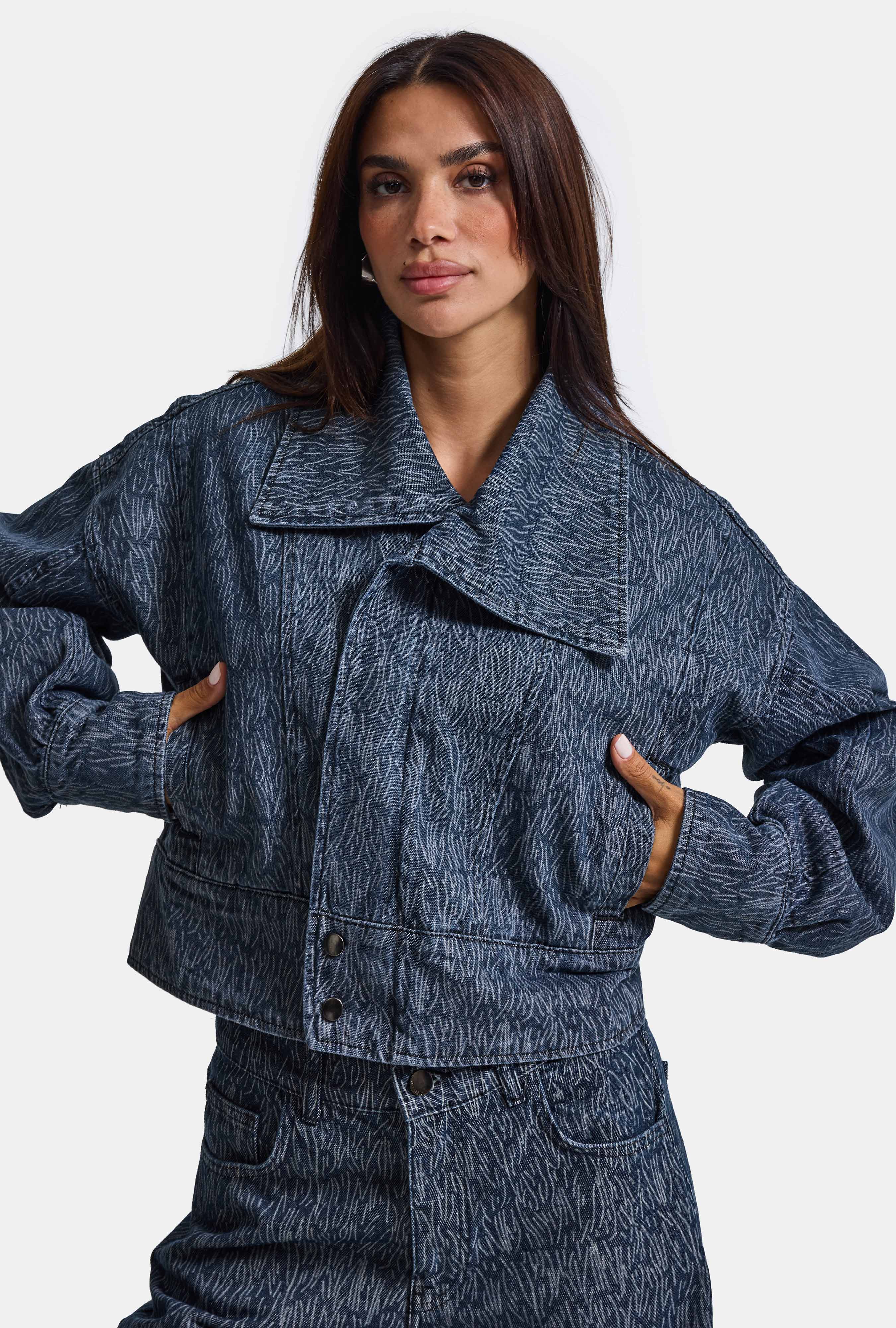 Kadın Mavi 9w6-197 Crop Kruvaze Özel Kumaş Tasarım Denim Ceket