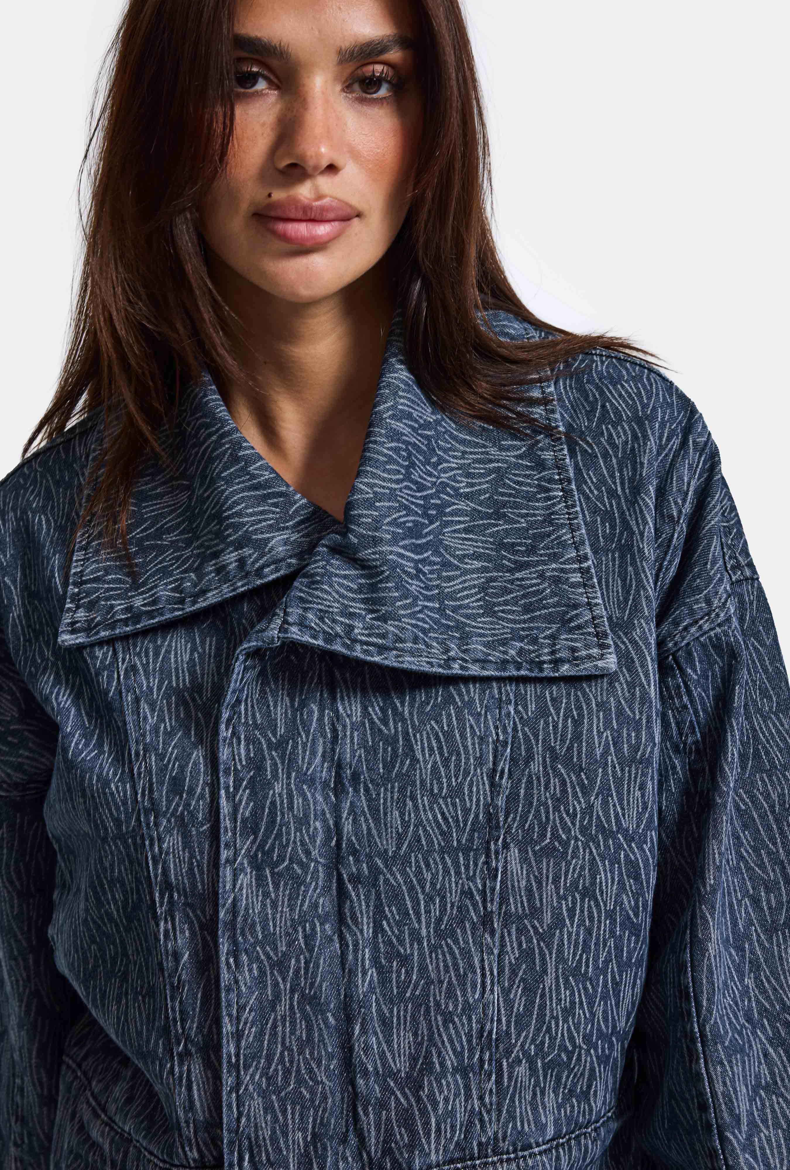 Kadın Mavi 9w6-197 Crop Kruvaze Özel Kumaş Tasarım Denim Ceket