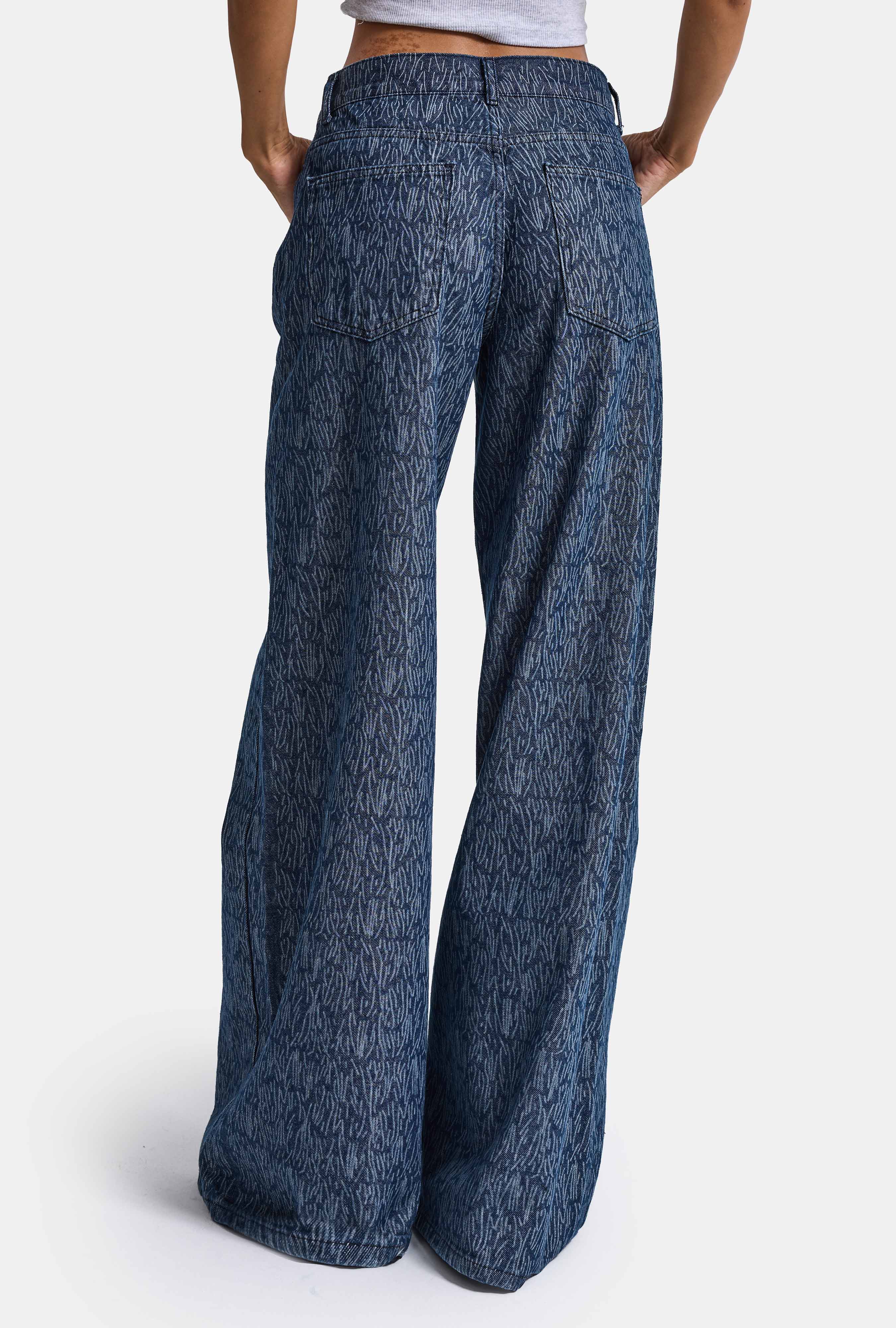 Kadın Mavi 9w6-197 Palazzo Fit Özel Desenli Kumaş Tasarım Denim Jean