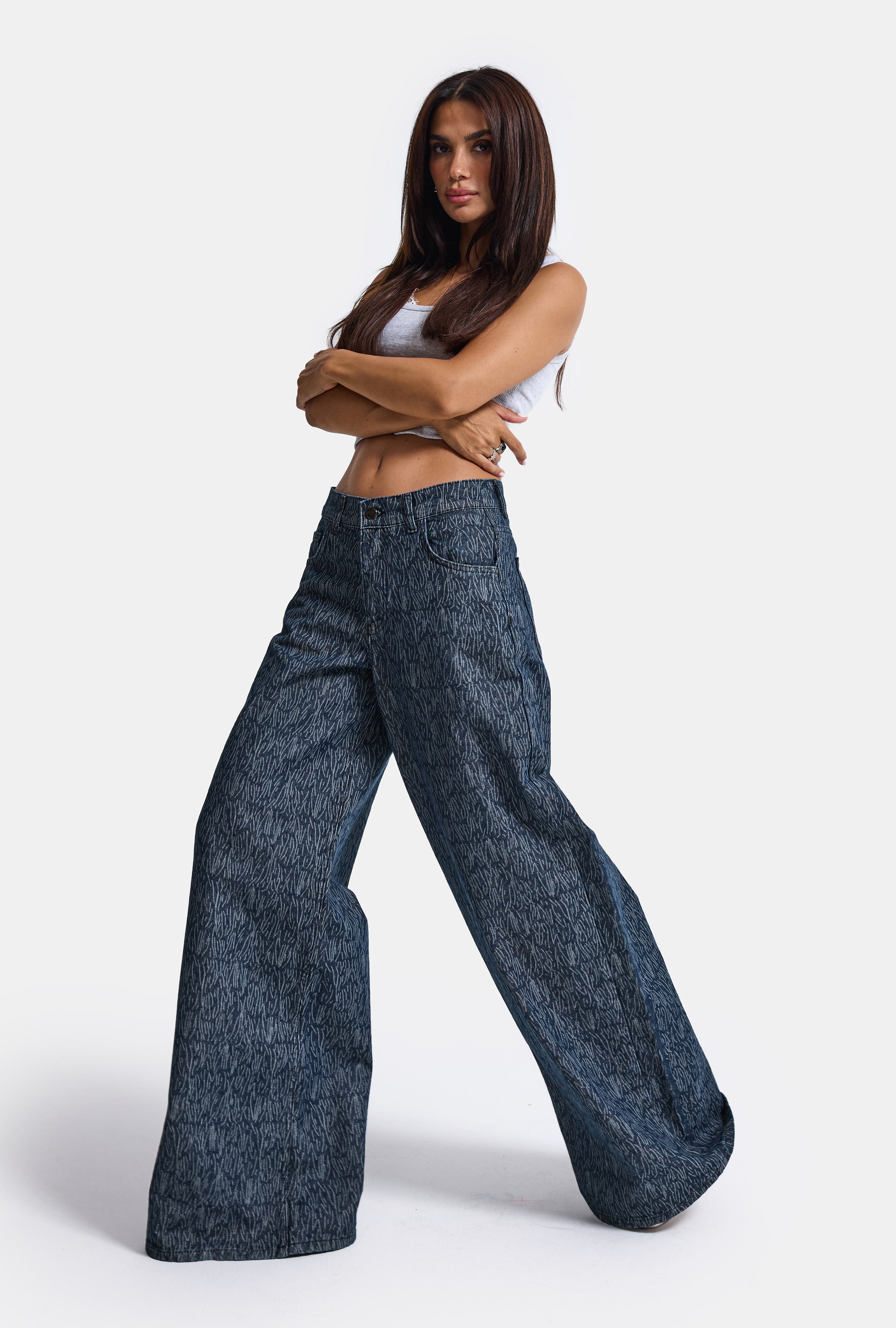 Kadın Mavi 9w6-197 Palazzo Fit Özel Desenli Kumaş Tasarım Denim Jean