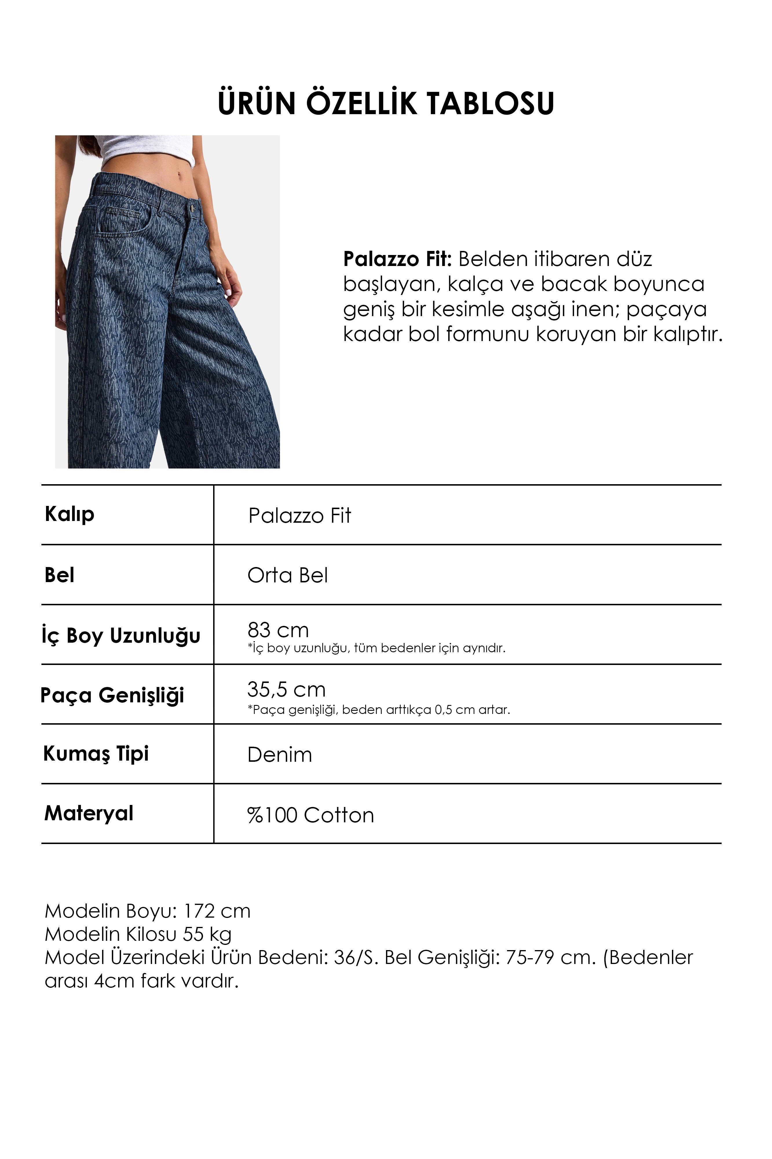Kadın Mavi 9w6-197 Palazzo Fit Özel Desenli Kumaş Tasarım Denim Jean