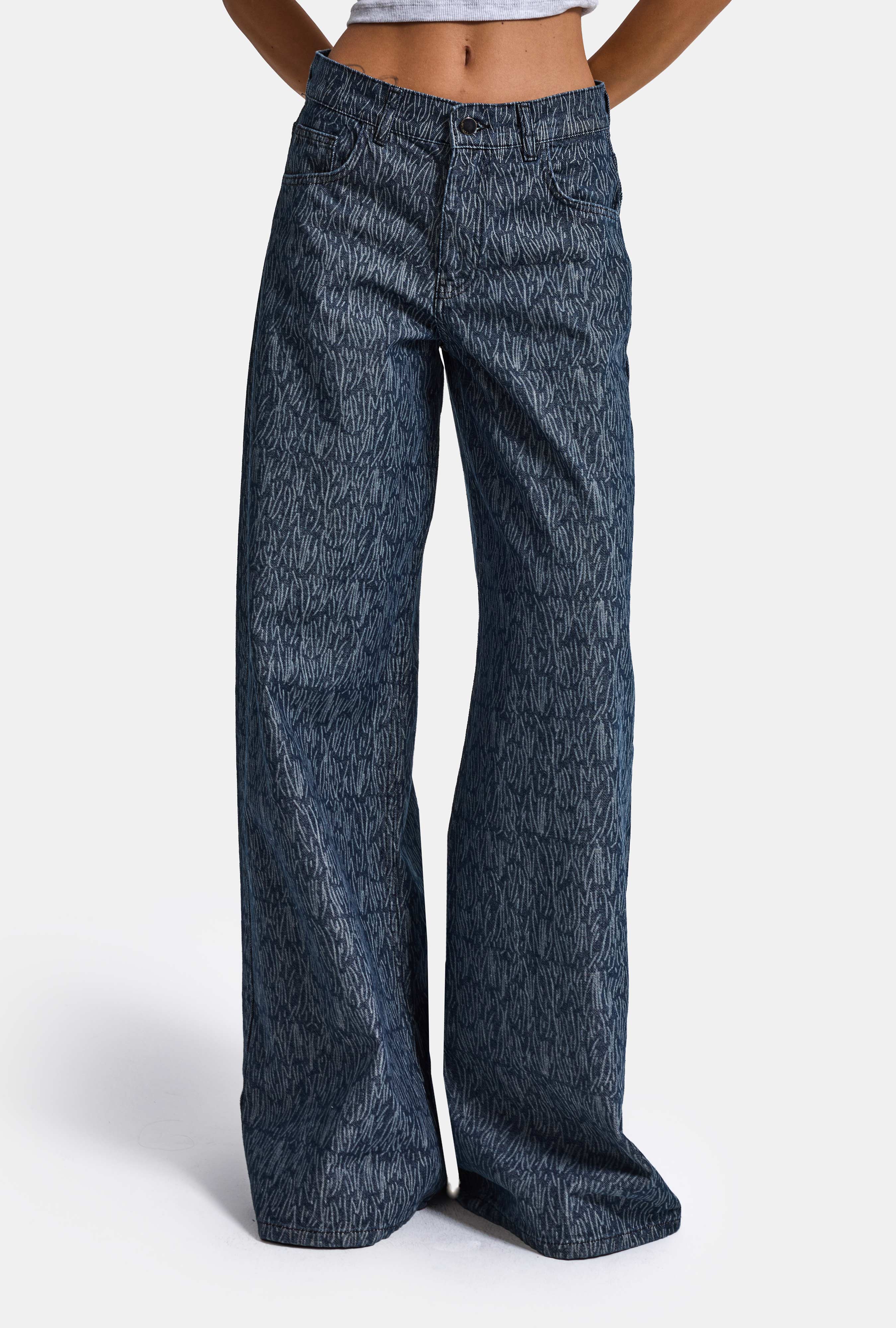 Kadın Mavi 9w6-197 Palazzo Fit Özel Desenli Kumaş Tasarım Denim Jean