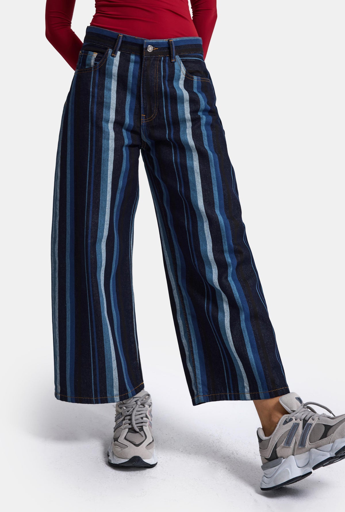 Kadın Mavi Çizgi Desen 7w6-2 Cullote Fit Tasarım Denim Jean