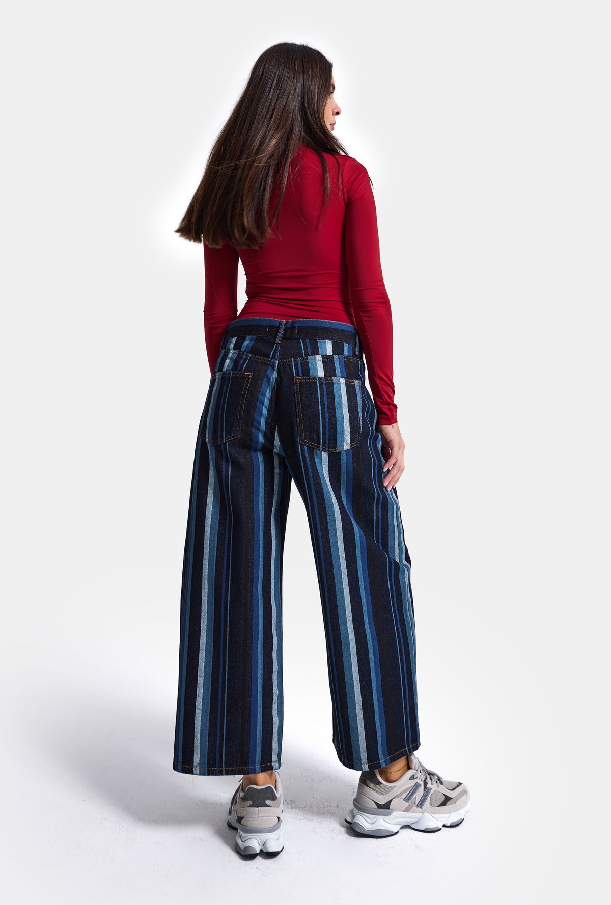 Kadın Mavi Çizgi Desen 7w6-2 Cullote Fit Tasarım Denim Jean