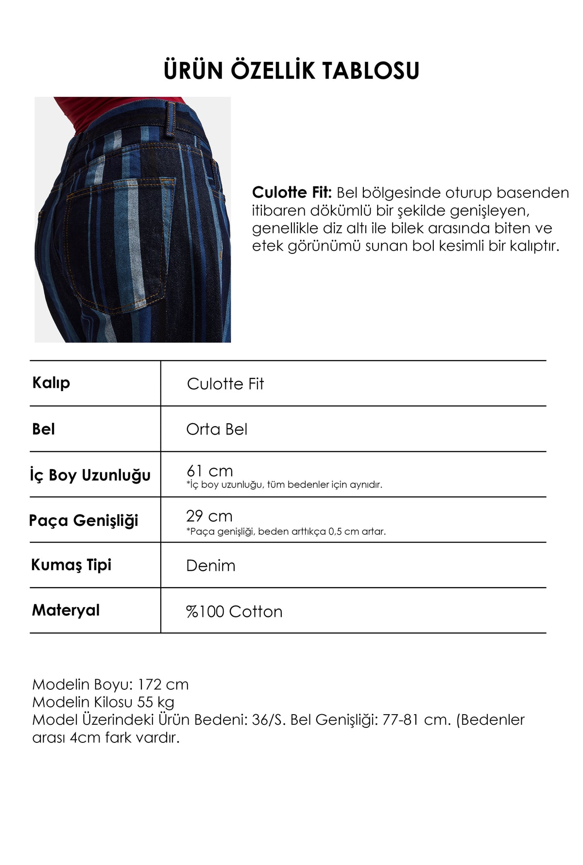 Kadın Mavi Çizgi Desen 7w6-2 Cullote Fit Tasarım Denim Jean
