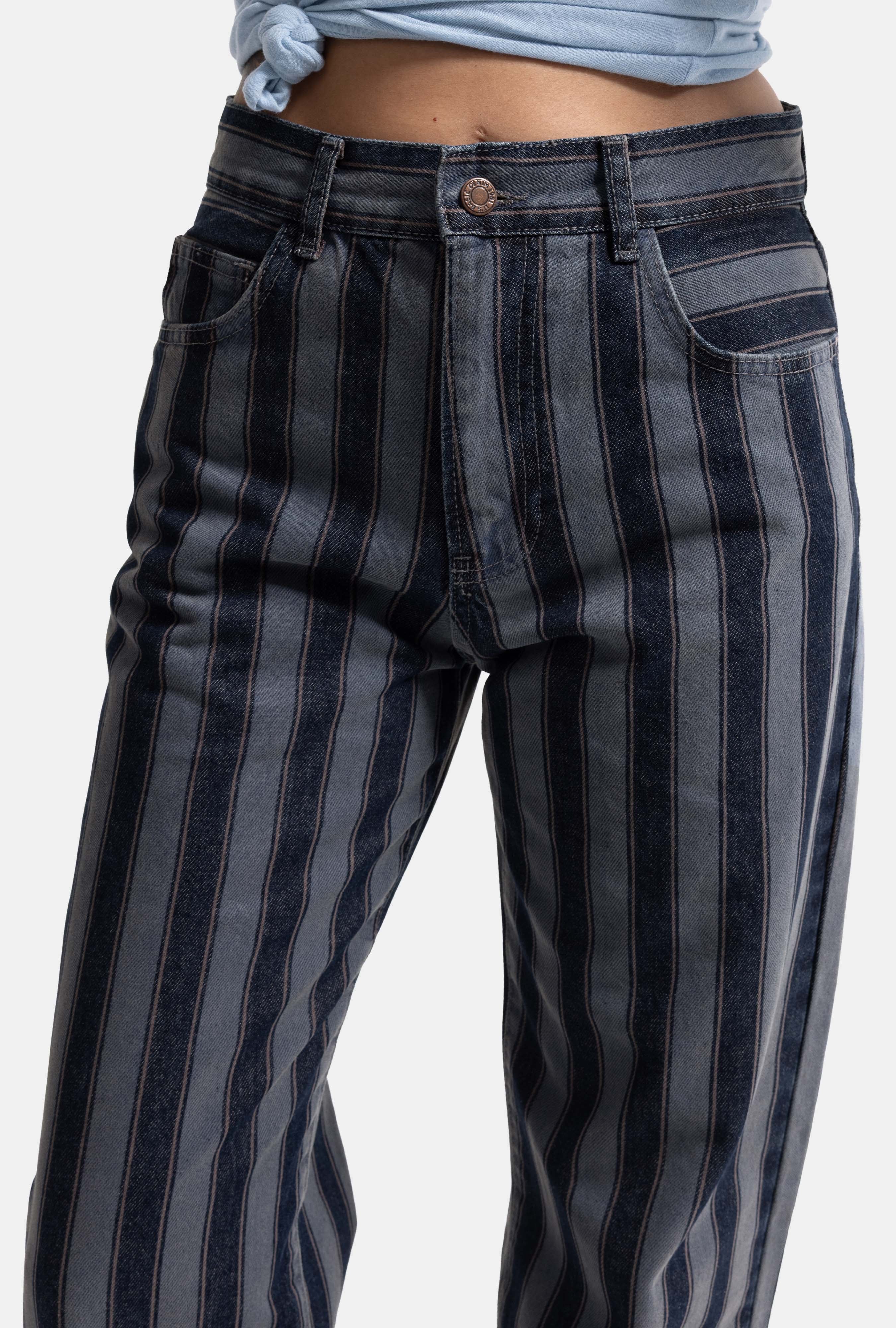 Kadın Mavi Çizgili 1w6-7 Loose Fit Özel Kumaş Tasarım Denim Jean