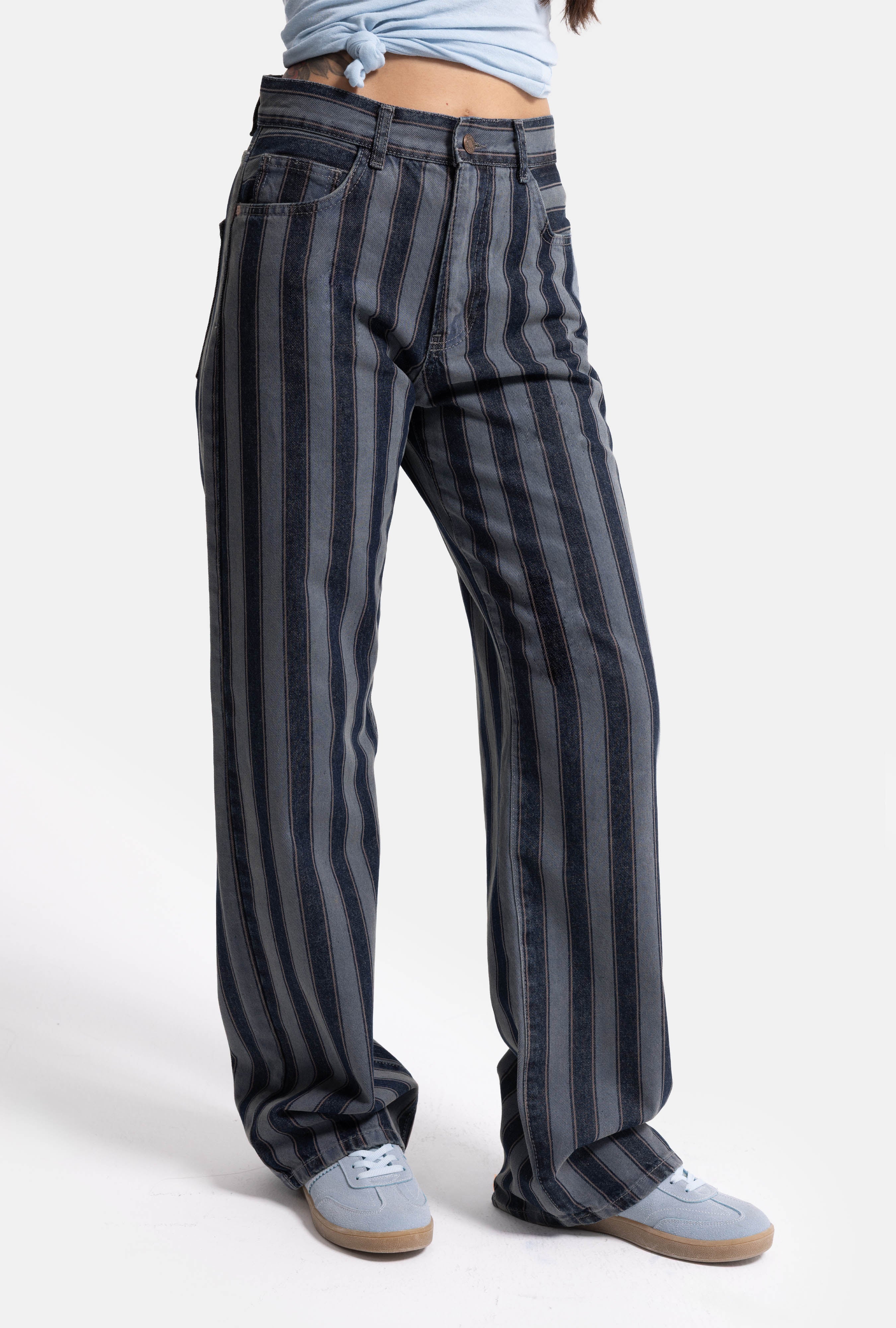 Kadın Mavi Çizgili 1w6-7 Loose Fit Özel Kumaş Tasarım Denim Jean