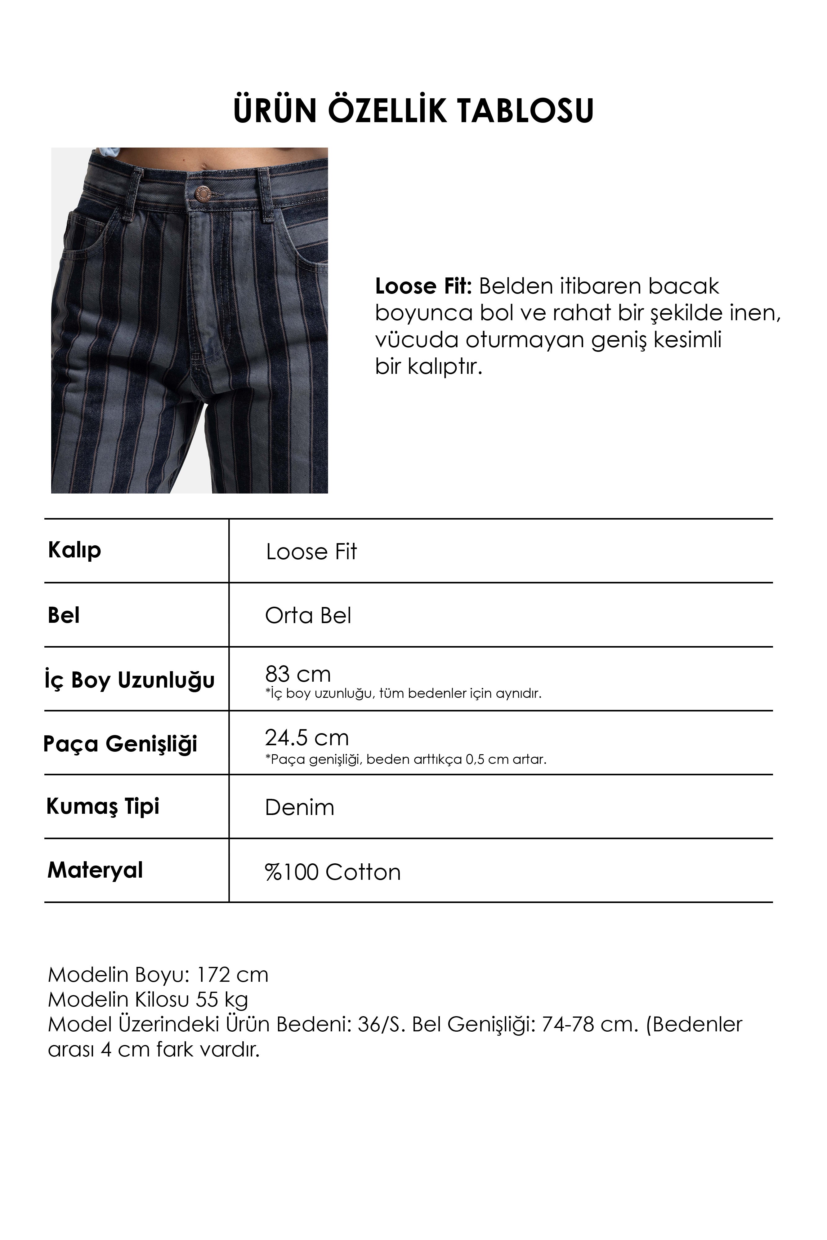 Kadın Mavi Çizgili 1w6-7 Loose Fit Özel Kumaş Tasarım Denim Jean