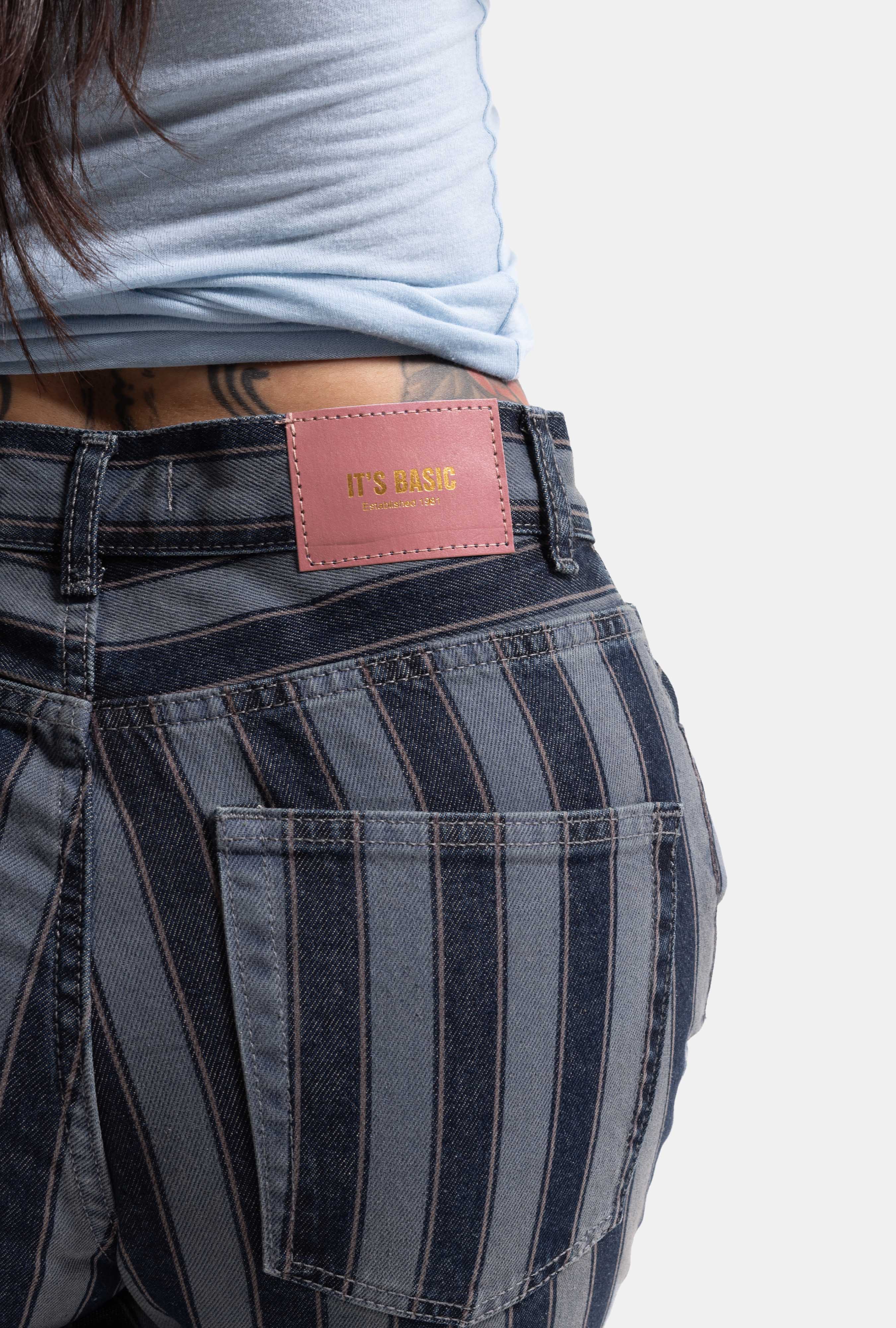 Kadın Mavi Çizgili 1w6-7 Loose Fit Özel Kumaş Tasarım Denim Jean