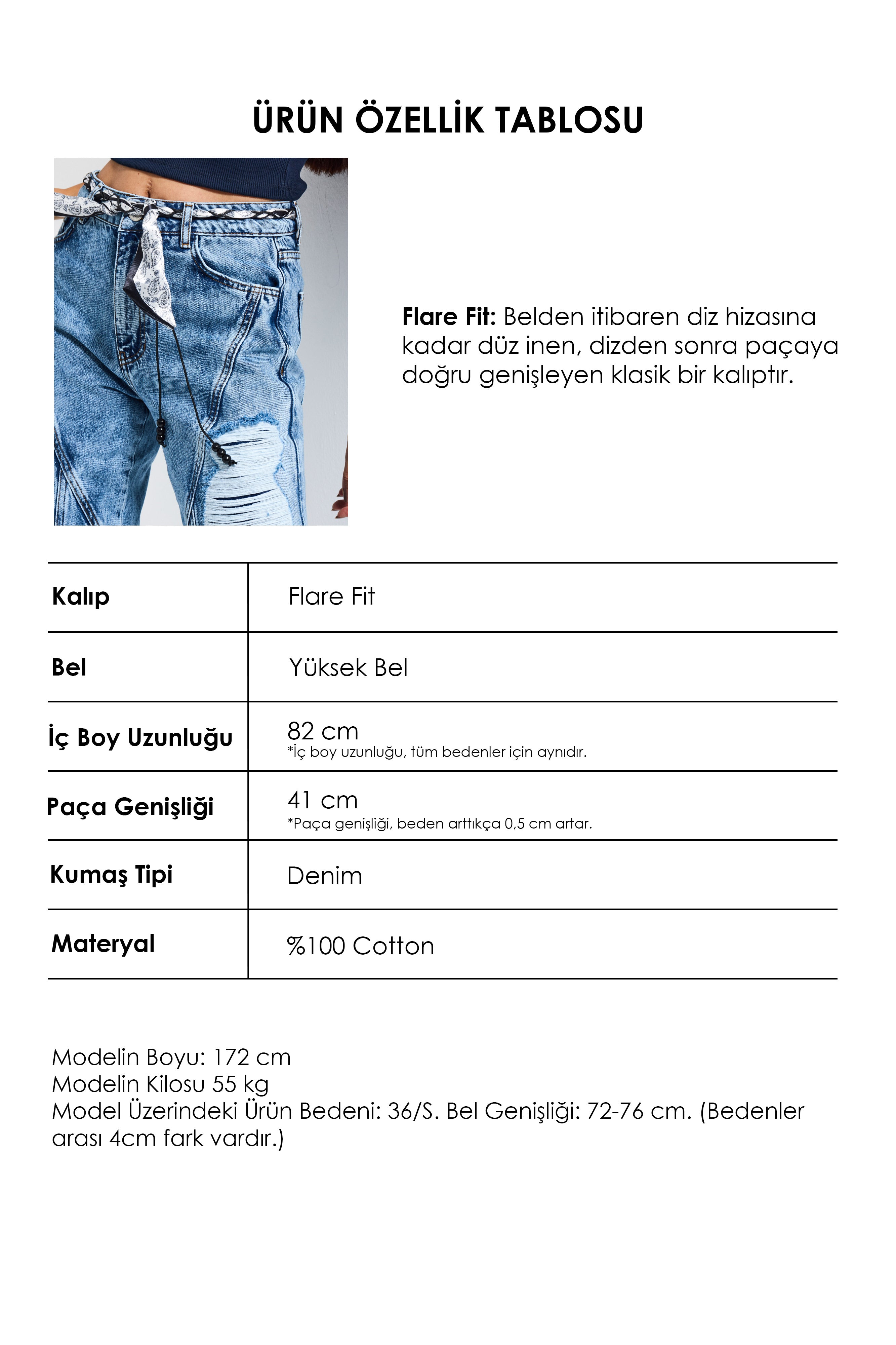 Kadın Mavi Flare Fit Altı Beslemeli Yırtık ve Fular Detaylı Tasarım Denim Jean