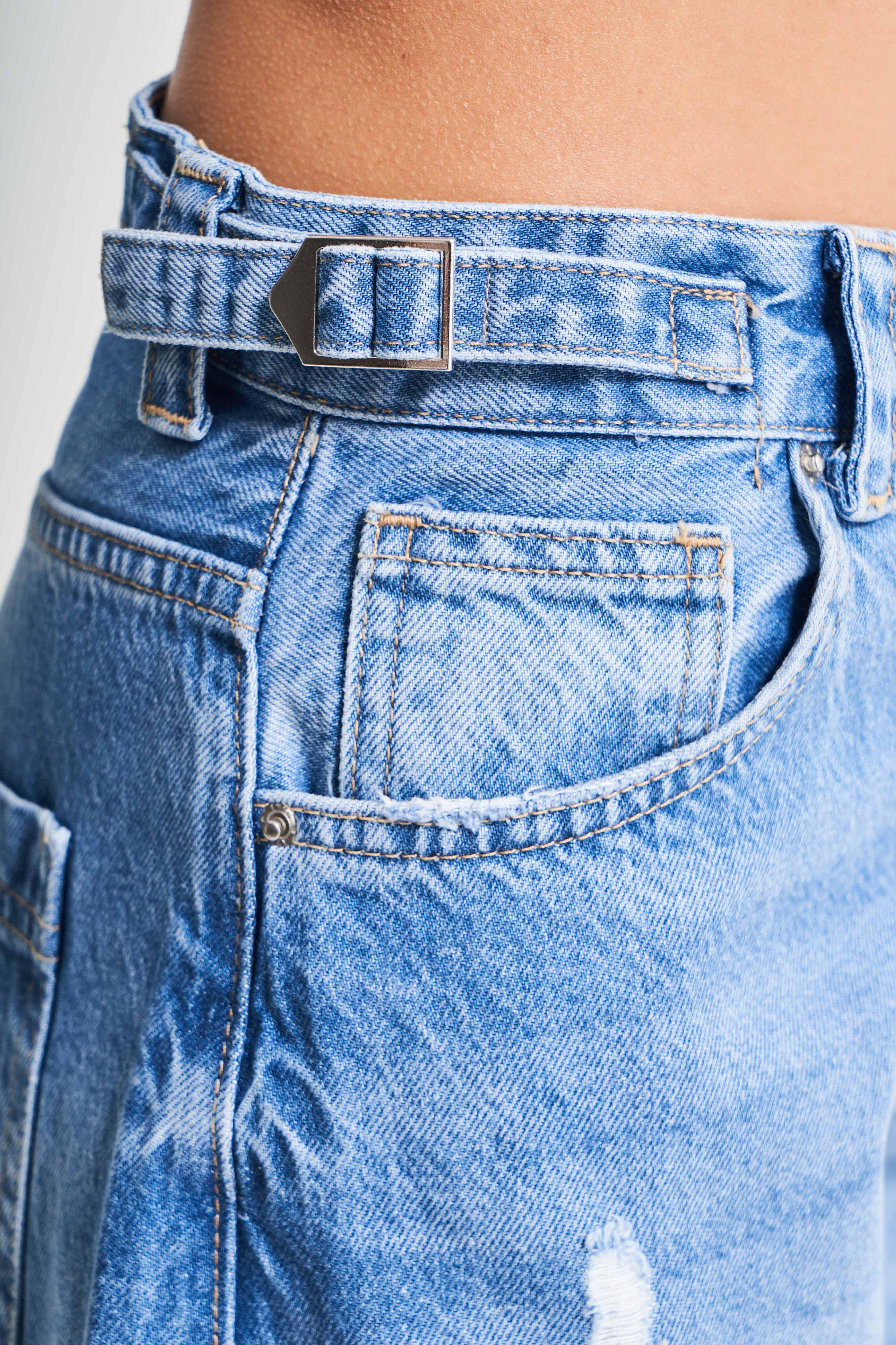 Damesblauwe denimkleur Lotus 10s5-4 Super baggy fit 100% katoenen denimjeans met riemdetail