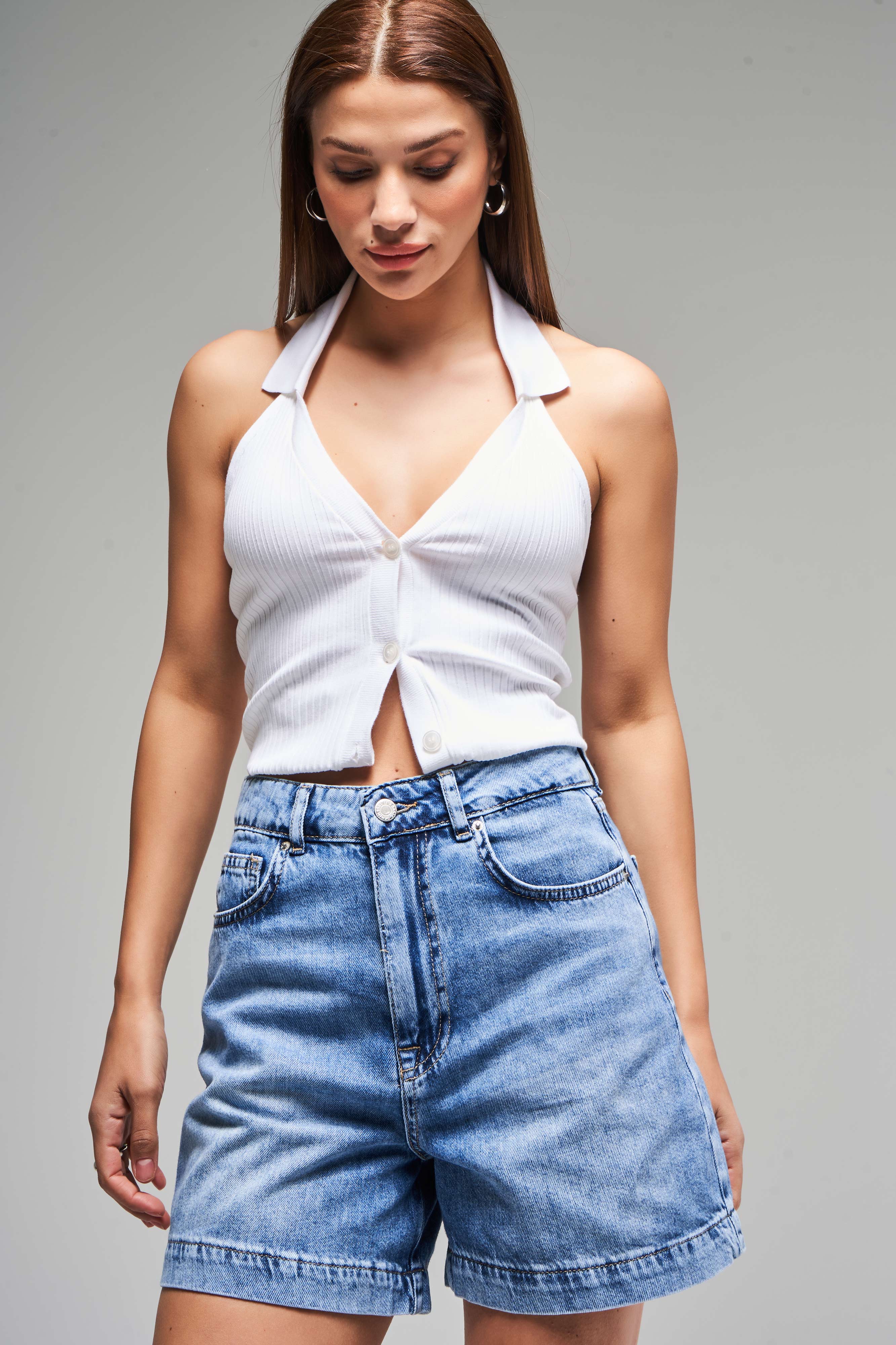 Kadın Mavi Kot Rengi 4S5-27 Mom Fit Viscon Pamuk Kumaş Mini Boy Denim Şort
