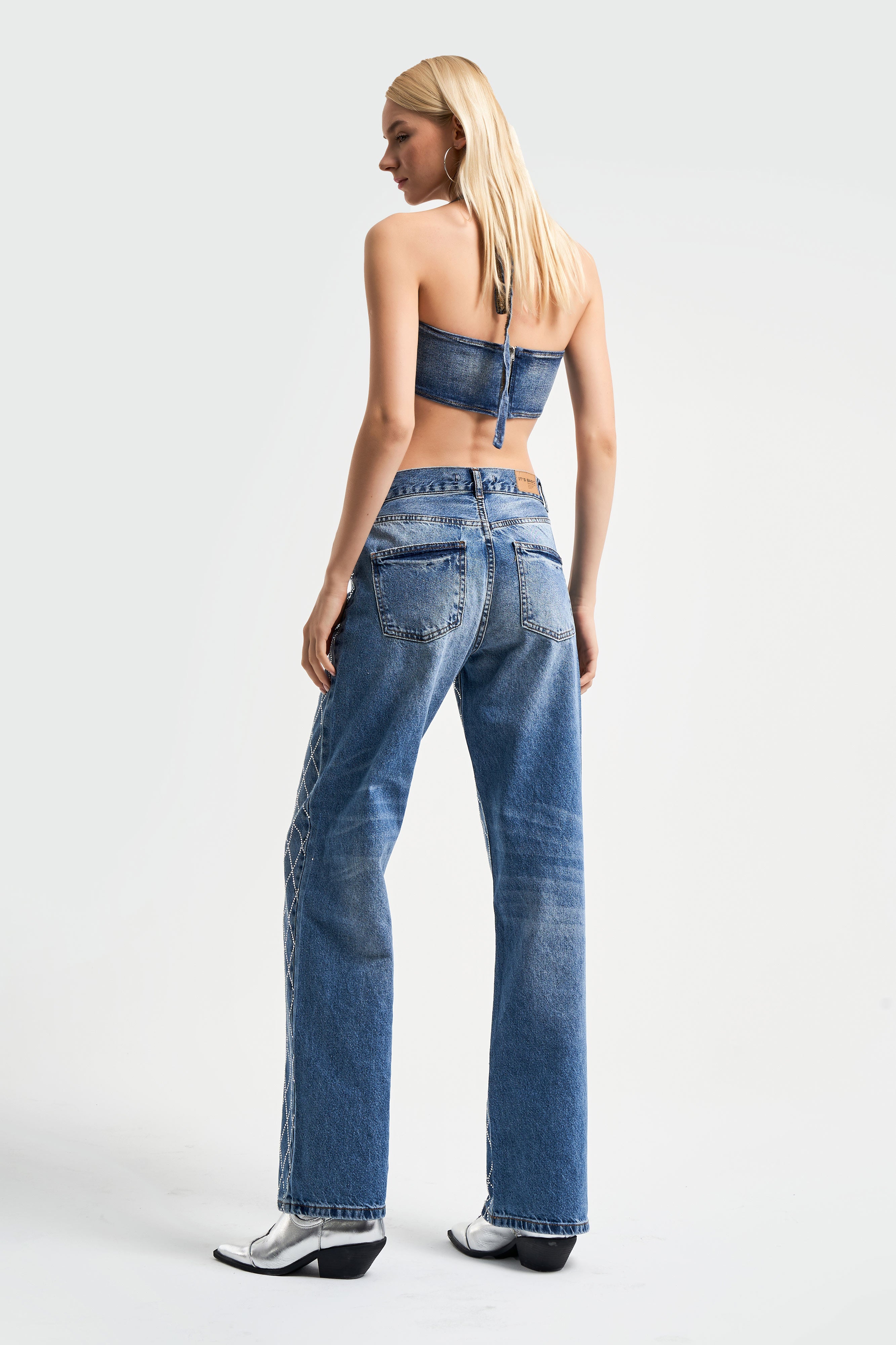 Women's Blue Jeans Color Front Full Stone Straight Fit Mid Waist Denim
