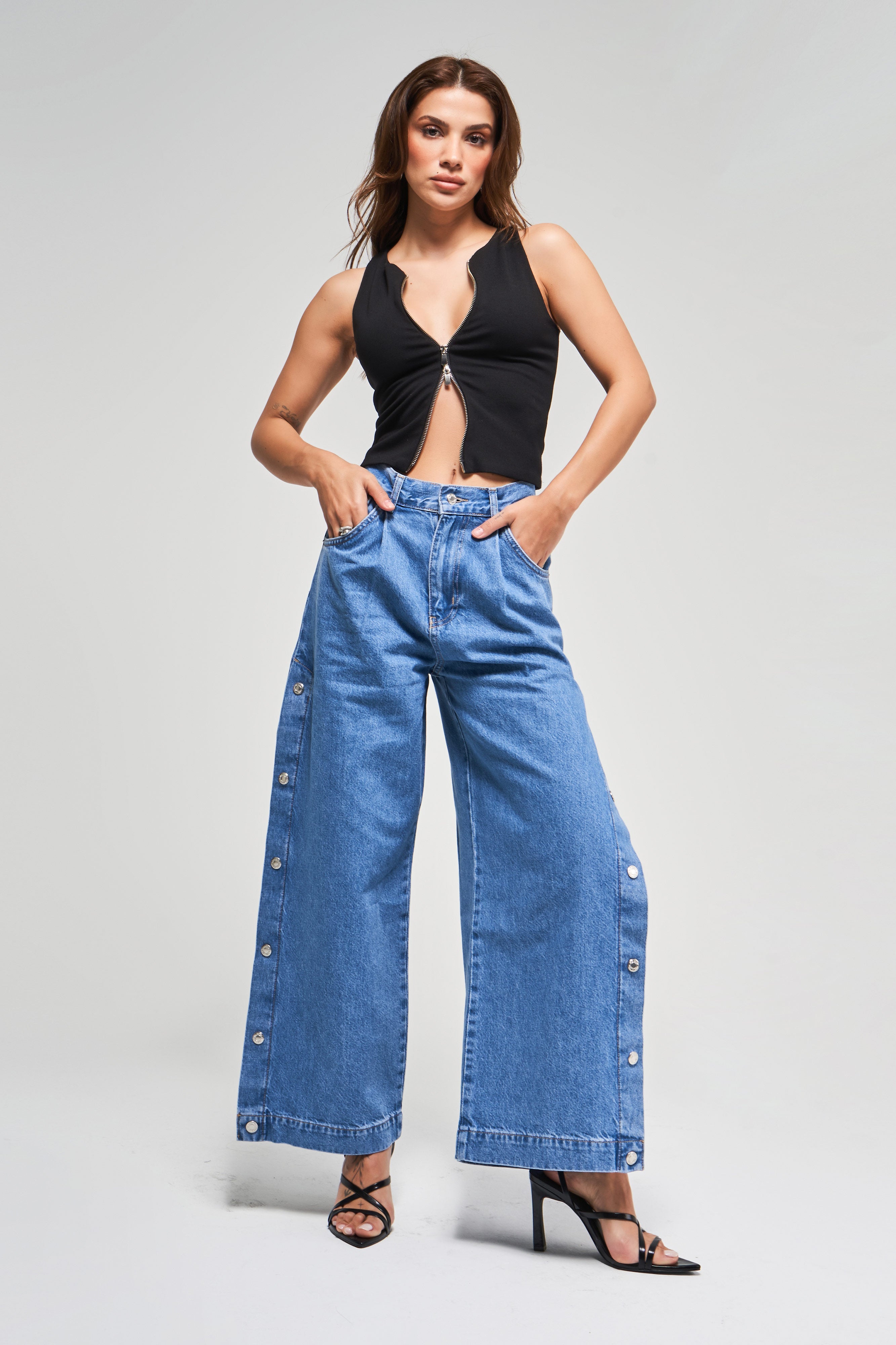 Kadın Mavi Kot Rengş 1S5-4 Palazzo Fit Yandan Ful Düğme Yırtmaçlı Tasarım Denim Jean