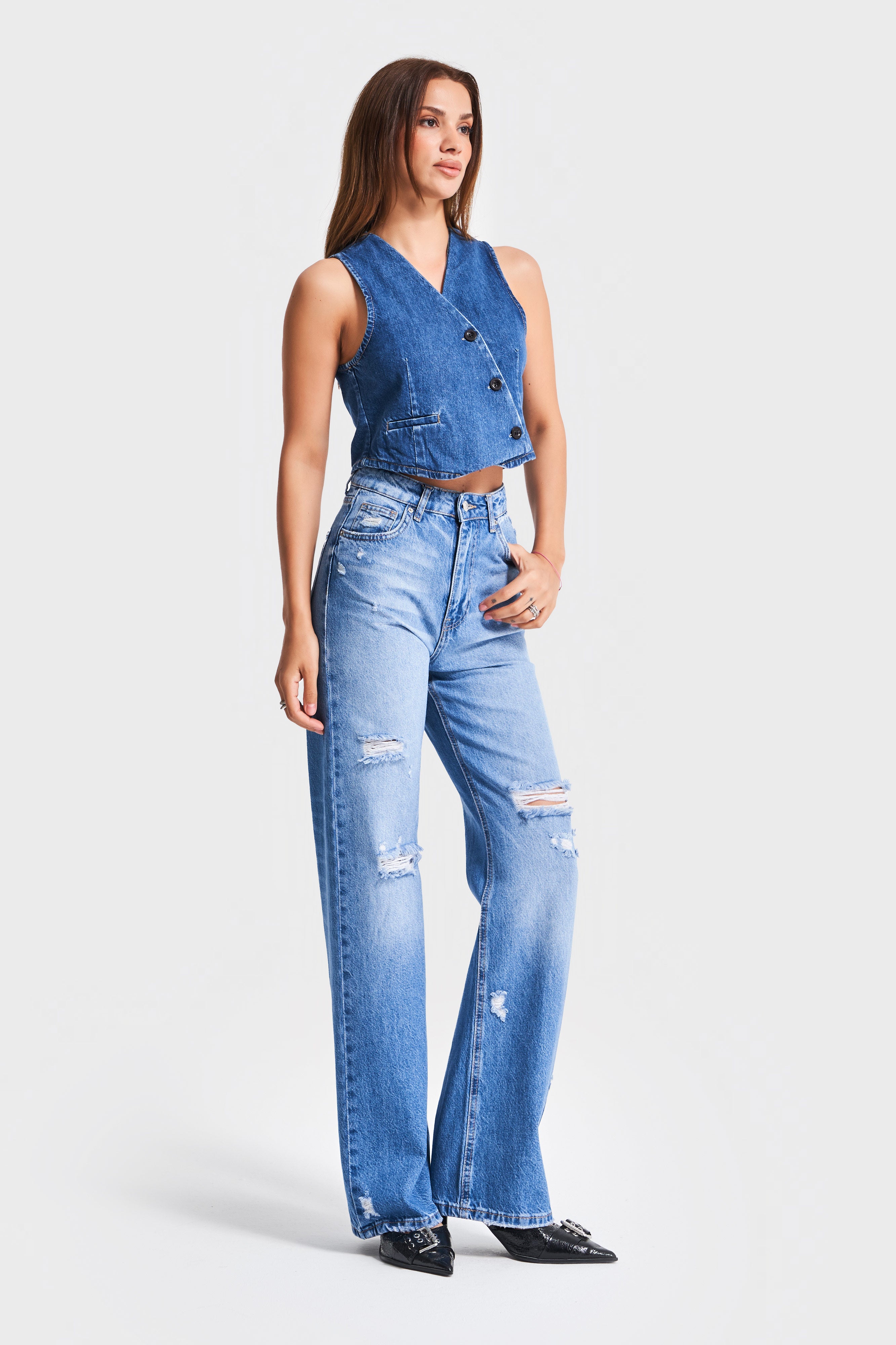 Kadın Mavi Renk 10s5-4 Straight Fit Yırtık Lazer Detaylı %100 Koton Yüksek Bel Denim Jean