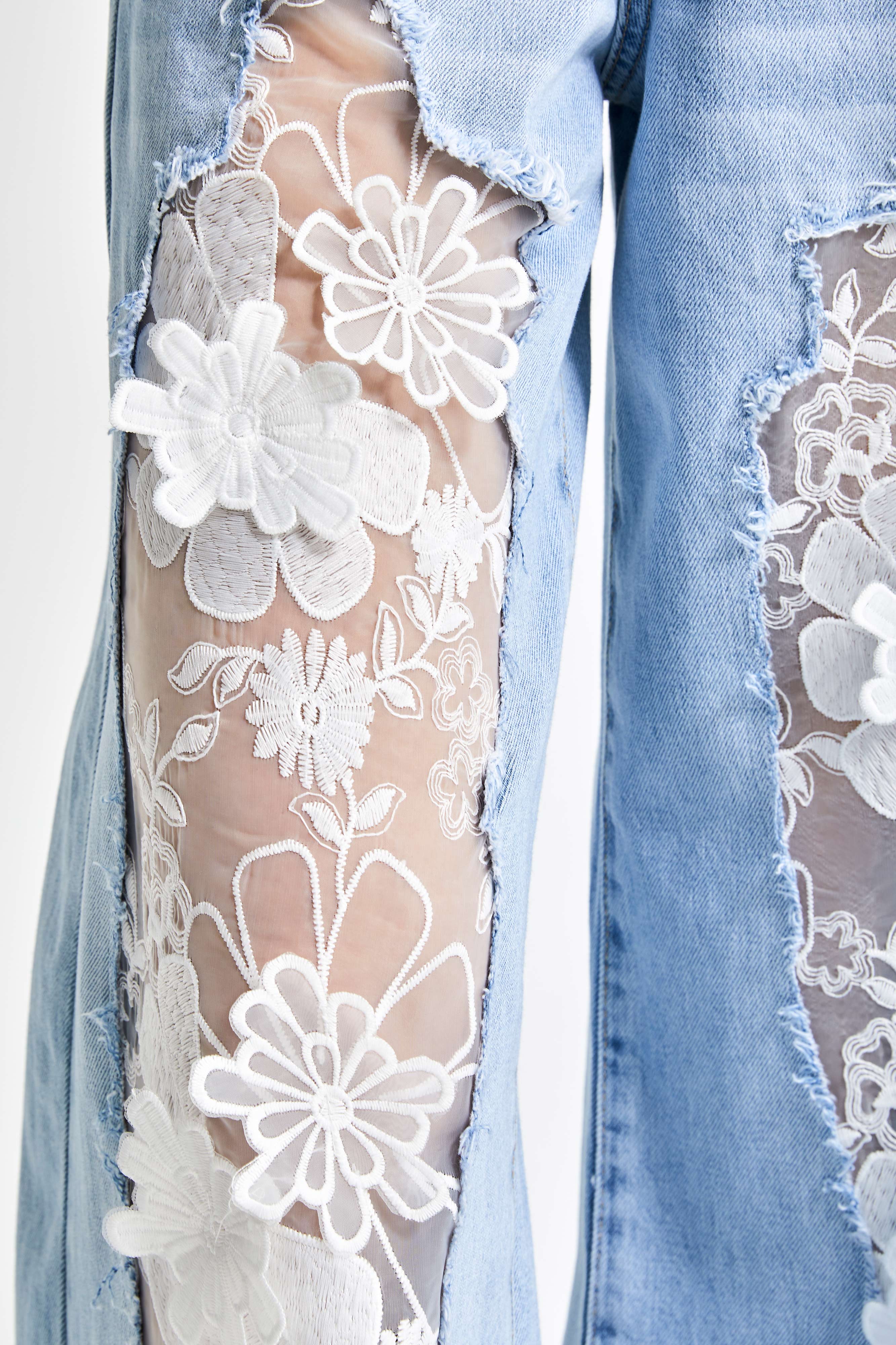 Kadın Mavi Renk 12s5-27 Palazzo Fit Çiçekli Tül Dantel Detaylı %100 Koton Özel Tasarım Denim Jean