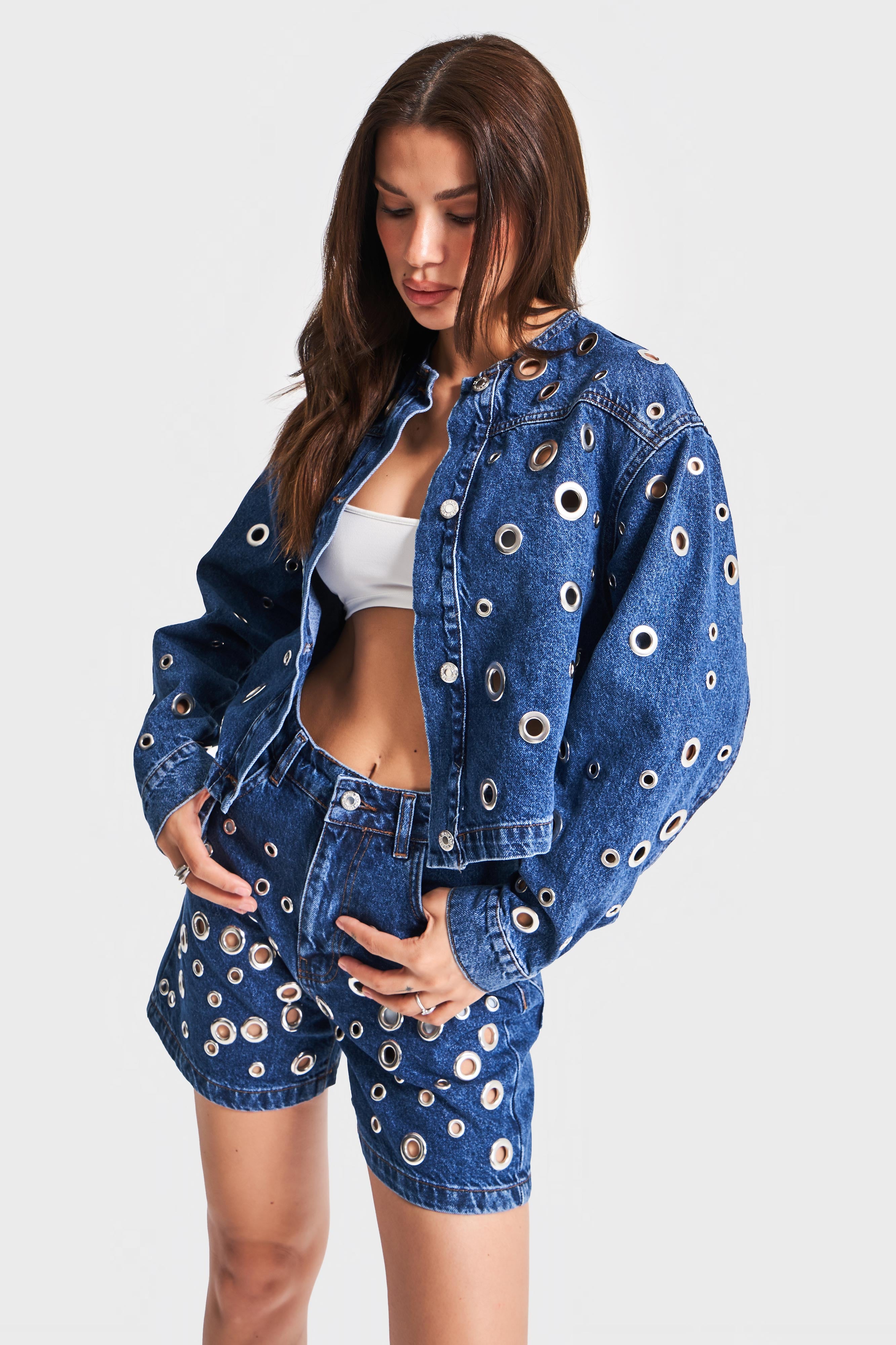 Damesblauw 1s5-5 Bird Eye Detail Crop Oversize 100% Katoenen Design Denim Jack