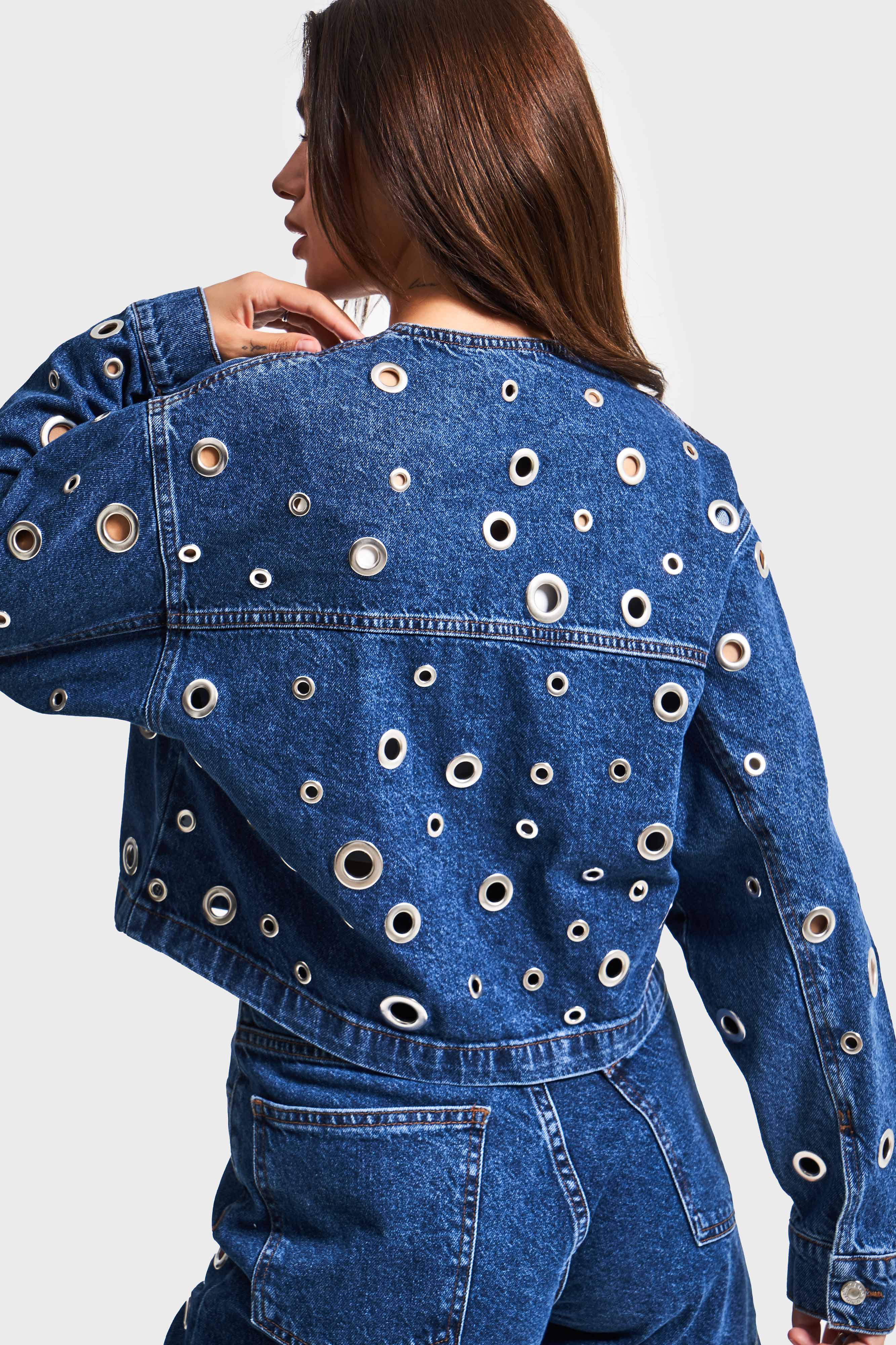 Damesblauw 1s5-5 Bird Eye Detail Crop Oversize 100% Katoenen Design Denim Jack