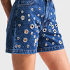 Women's Blue 1s5-5 Birdseye Detail Midi Length 100% Cotton Mom Fit Design Denim Shorts