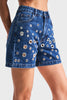 Women's Blue 1s5-5 Birdseye Detail Midi Length 100% Cotton Mom Fit Design Denim Shorts