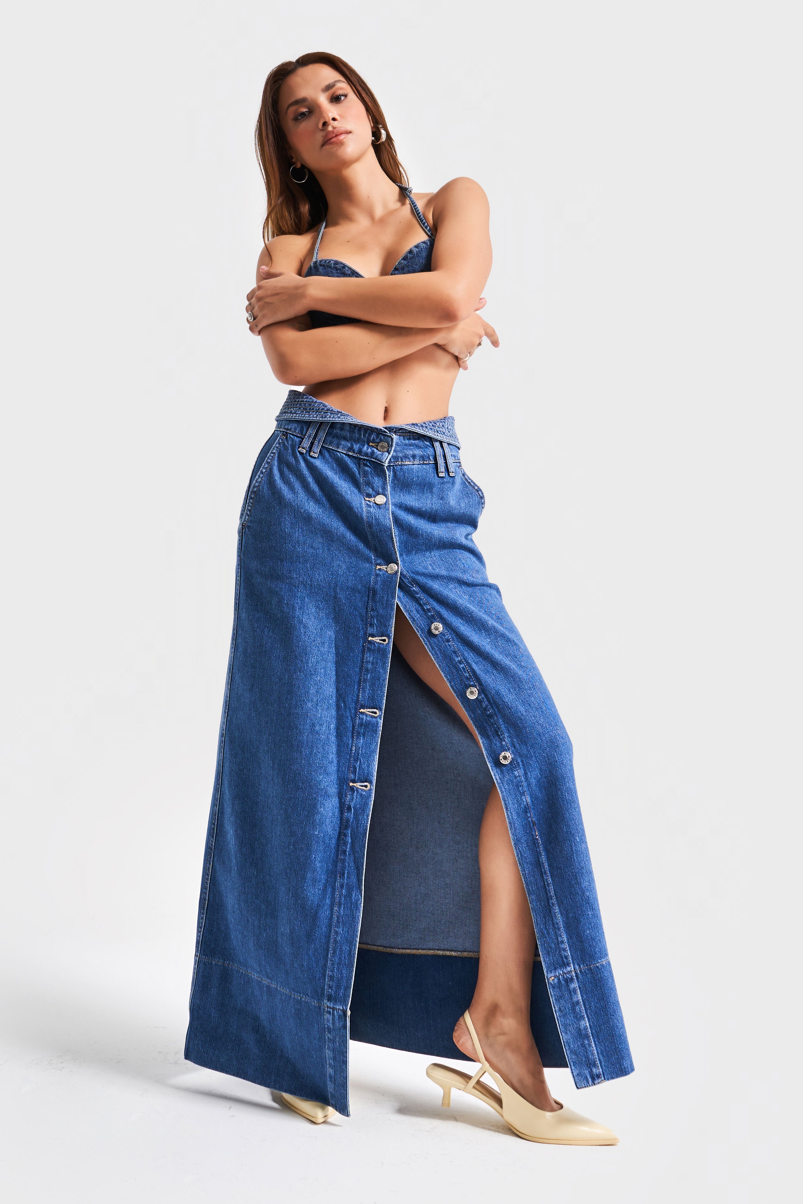 Kadın Mavi Renk 1s5-5 Maxi Boy Önü Düğmeli Kemer Detaylı %100 Koton Tasarım Denim Etek