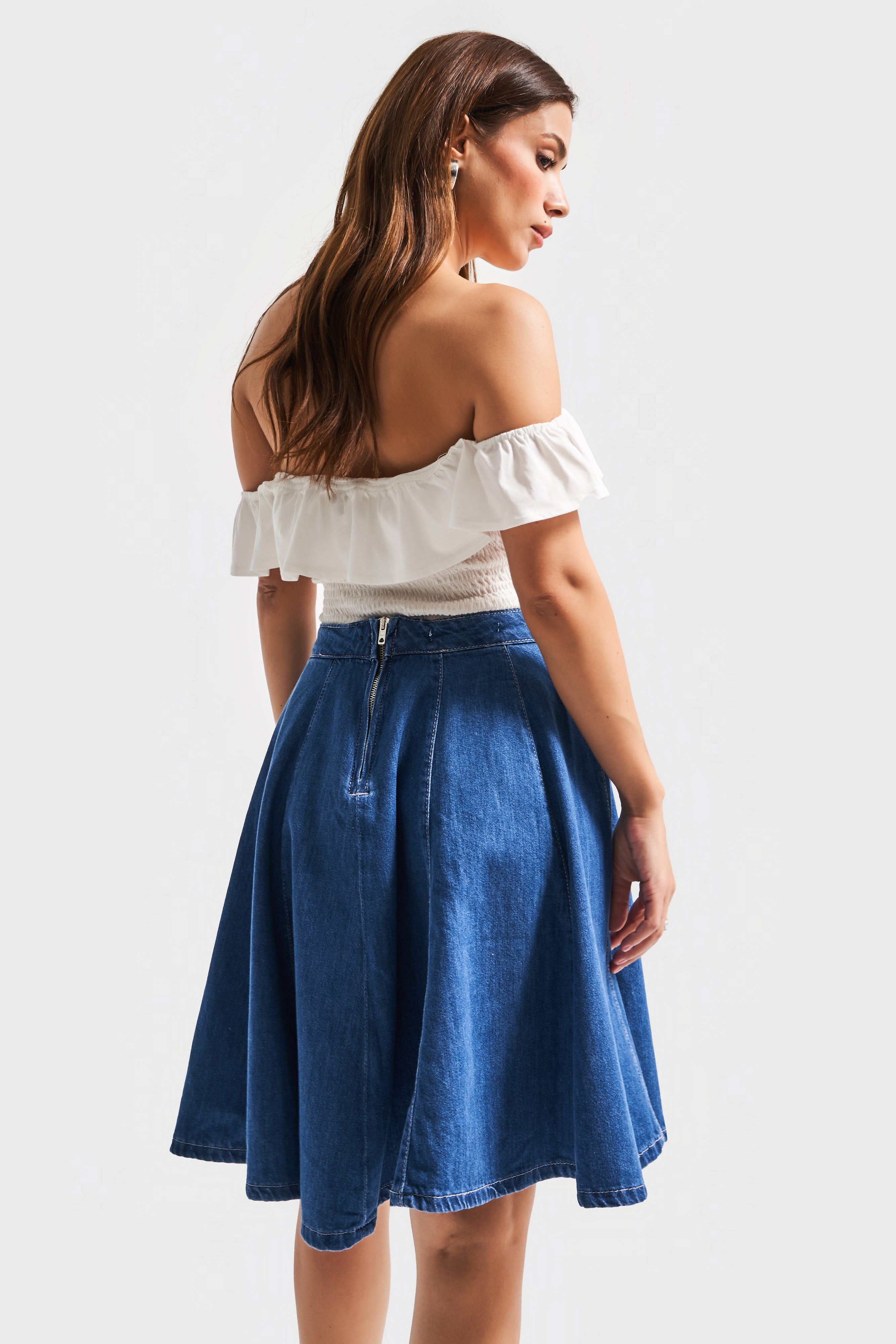 Kadın Mavi Renk 1s5-5 Volanlı Midi Boy %100 Koton Denim Etek