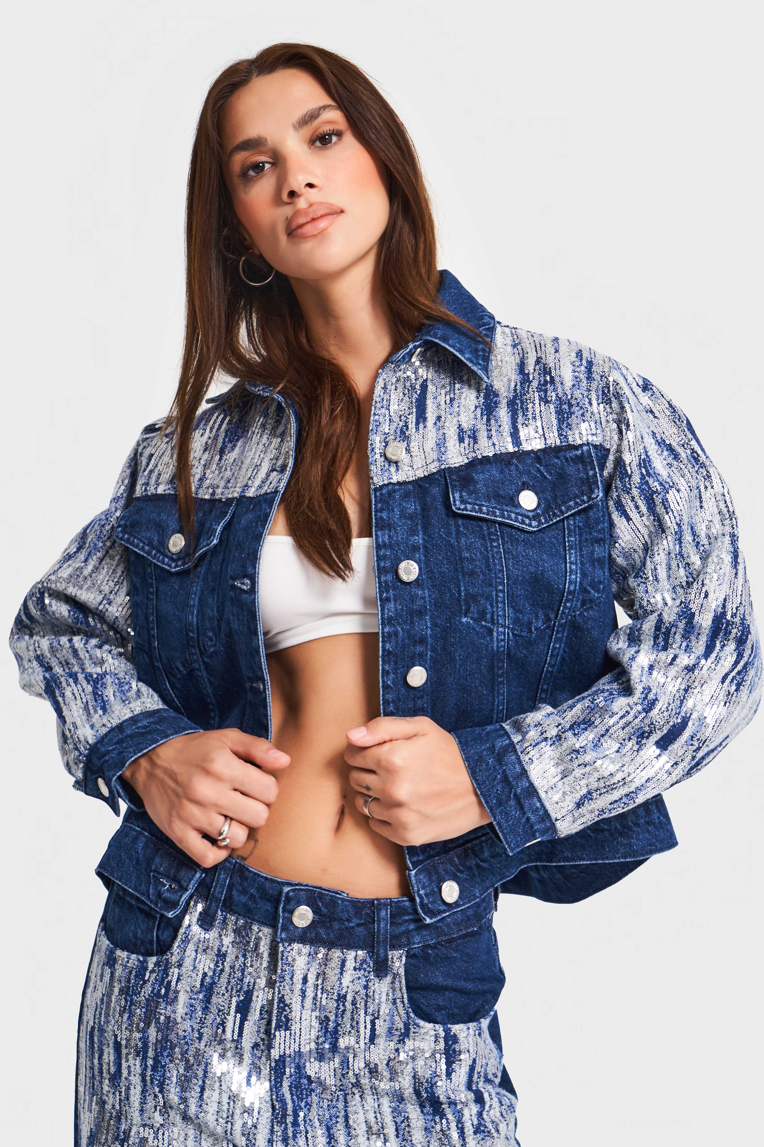 Kadın Mavi Renk 1w5-4 Oversize Pullu Özel Kumaş %100 Koton Tasarım Denim Ceket