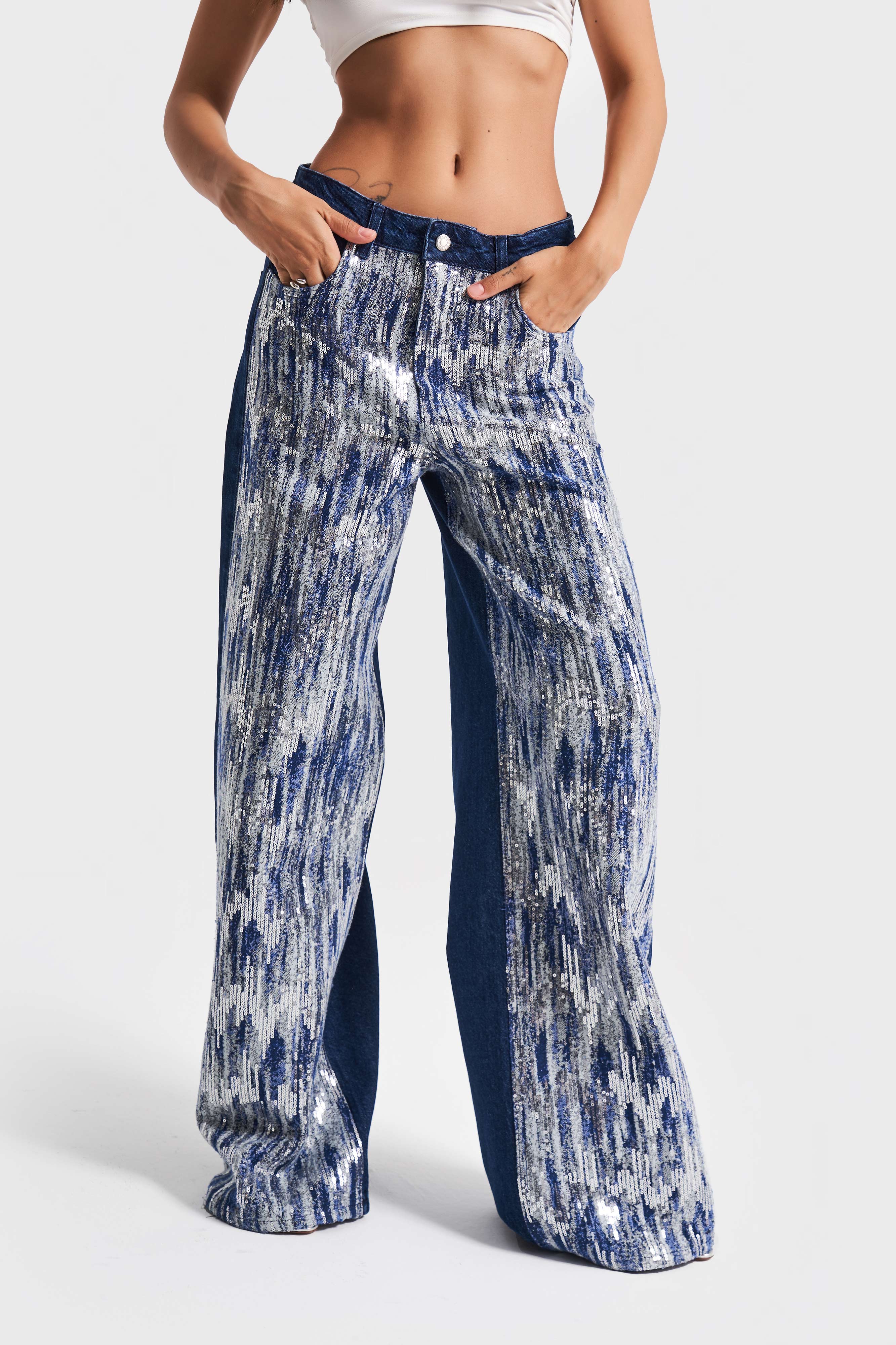 Kadın Mavi Renk 1w5-4 Palazzo Fit Pullu Özel Kumaş %100 Koton Tasarım Denim Jean