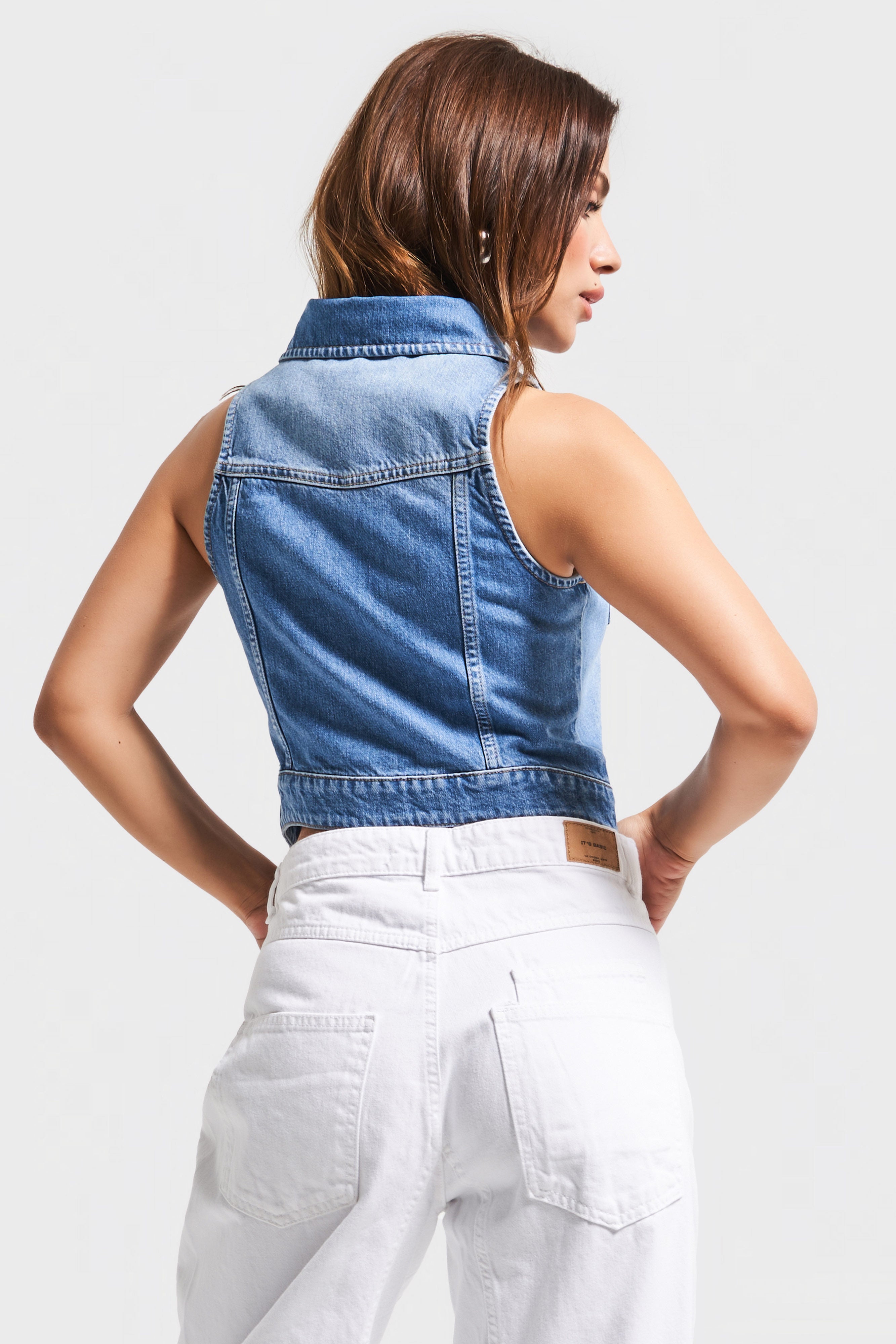 Kadın Mavi Renk 2s5-27 Sıfır Kol Fermuarlı %100 Koton Denim Yelek