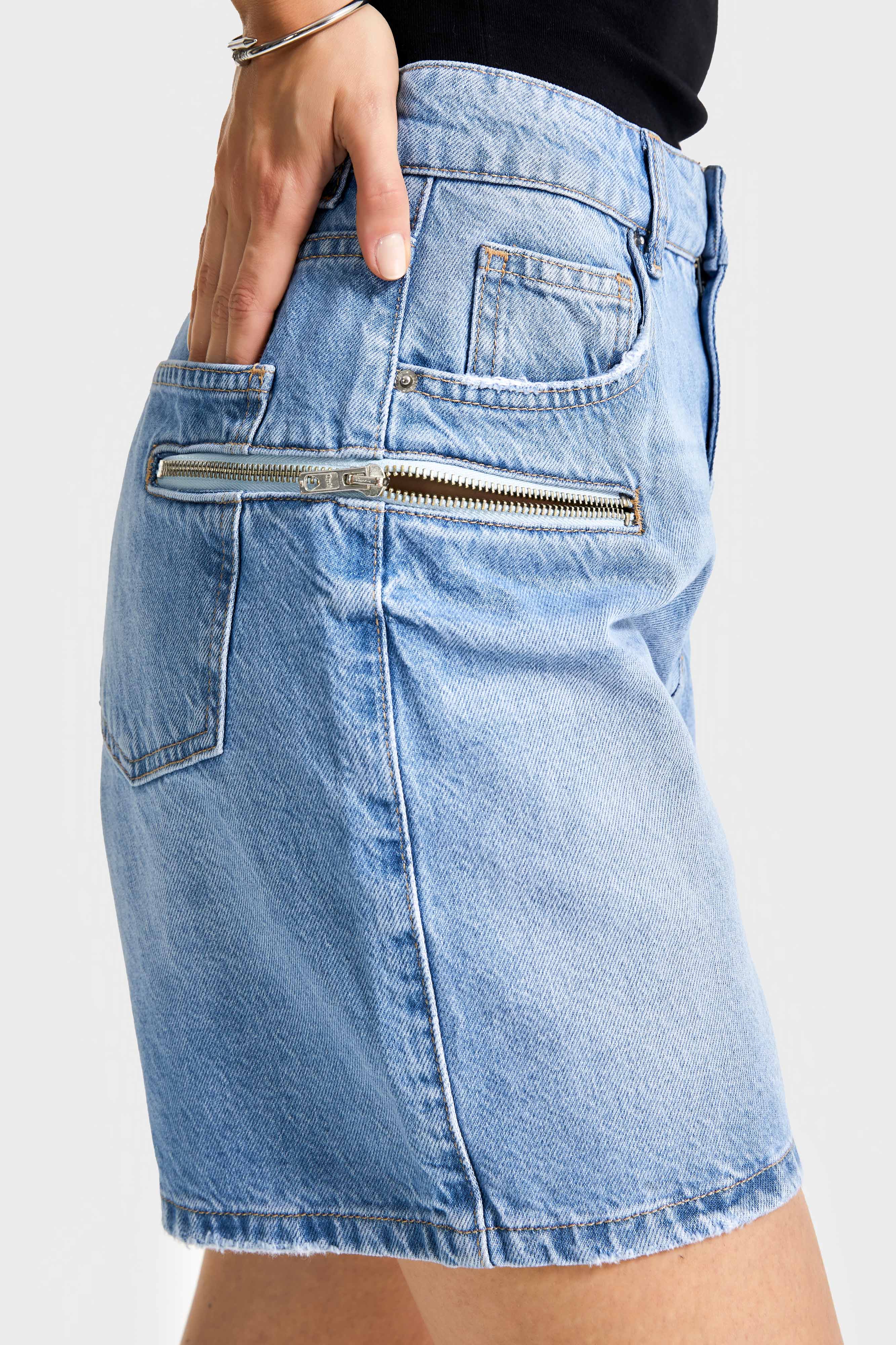 Kadın Mavi Renk 2s5-3 Midi Boy Yandan Fermuarlı Mom Fit Yüksek Bel Tasarım Denim Şort