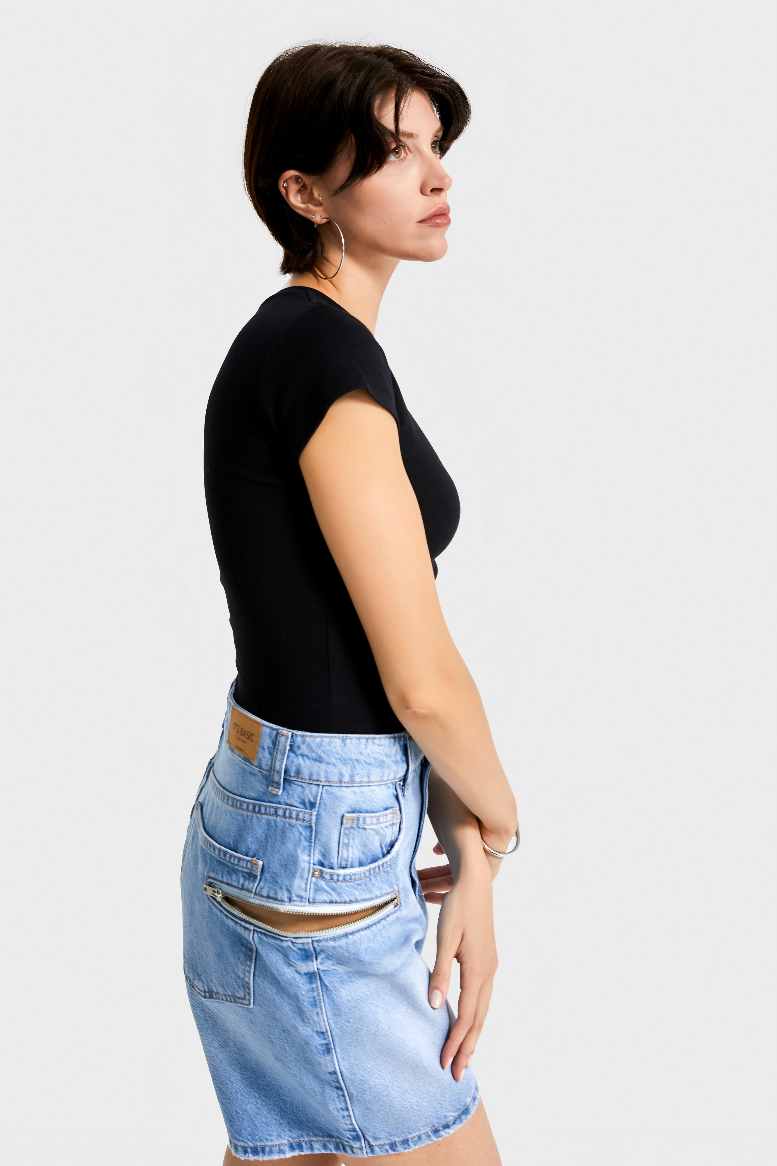 Kadın Mavi Renk 2s5-3 Midi Boy Yandan Fermuarlı Mom Fit Yüksek Bel Tasarım Denim Şort