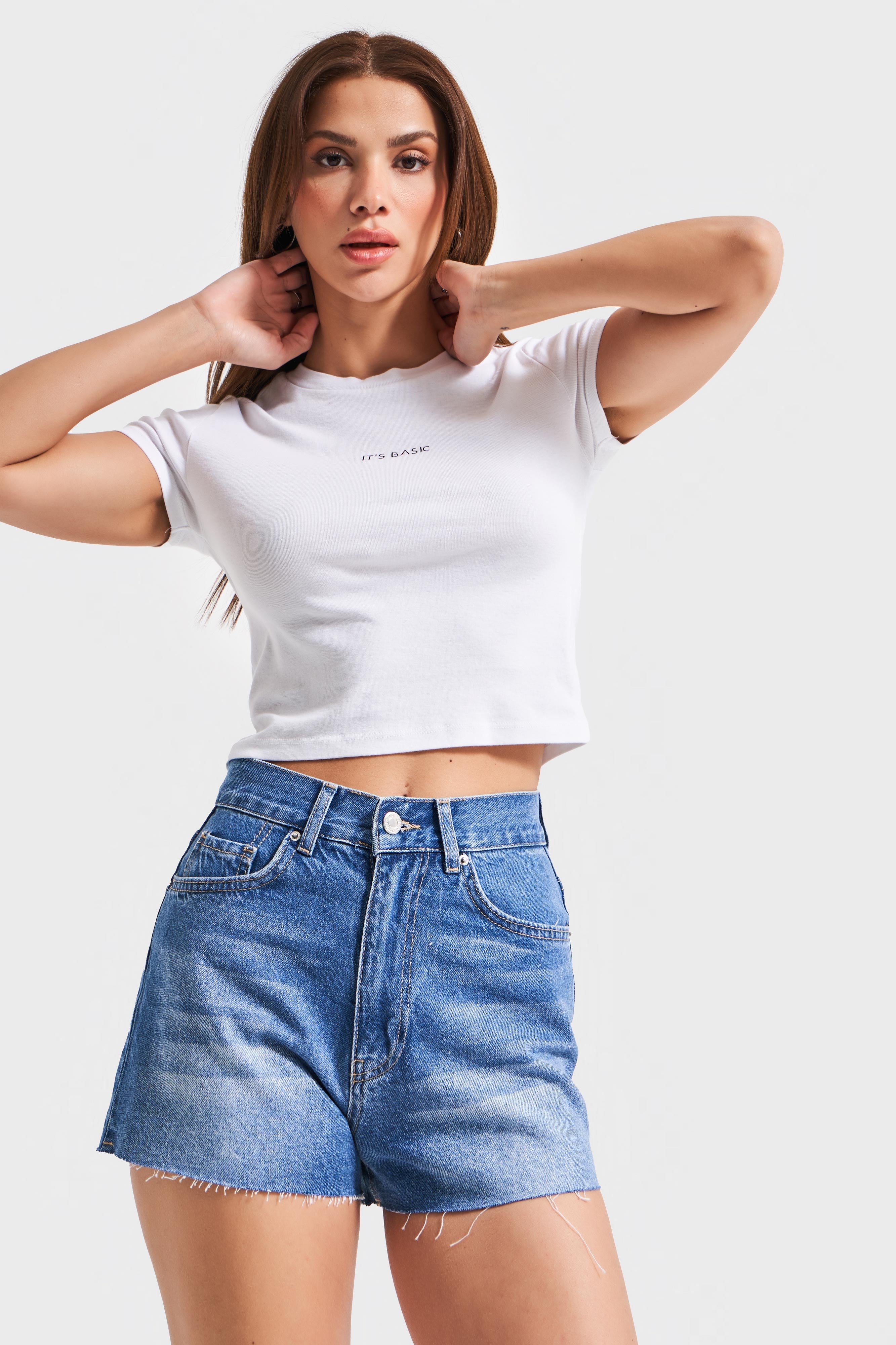 Kadın Mavi Renk 2s5-4 Mini Boy Mom Fit %100 Koton Yüksek Bel Denim Şort