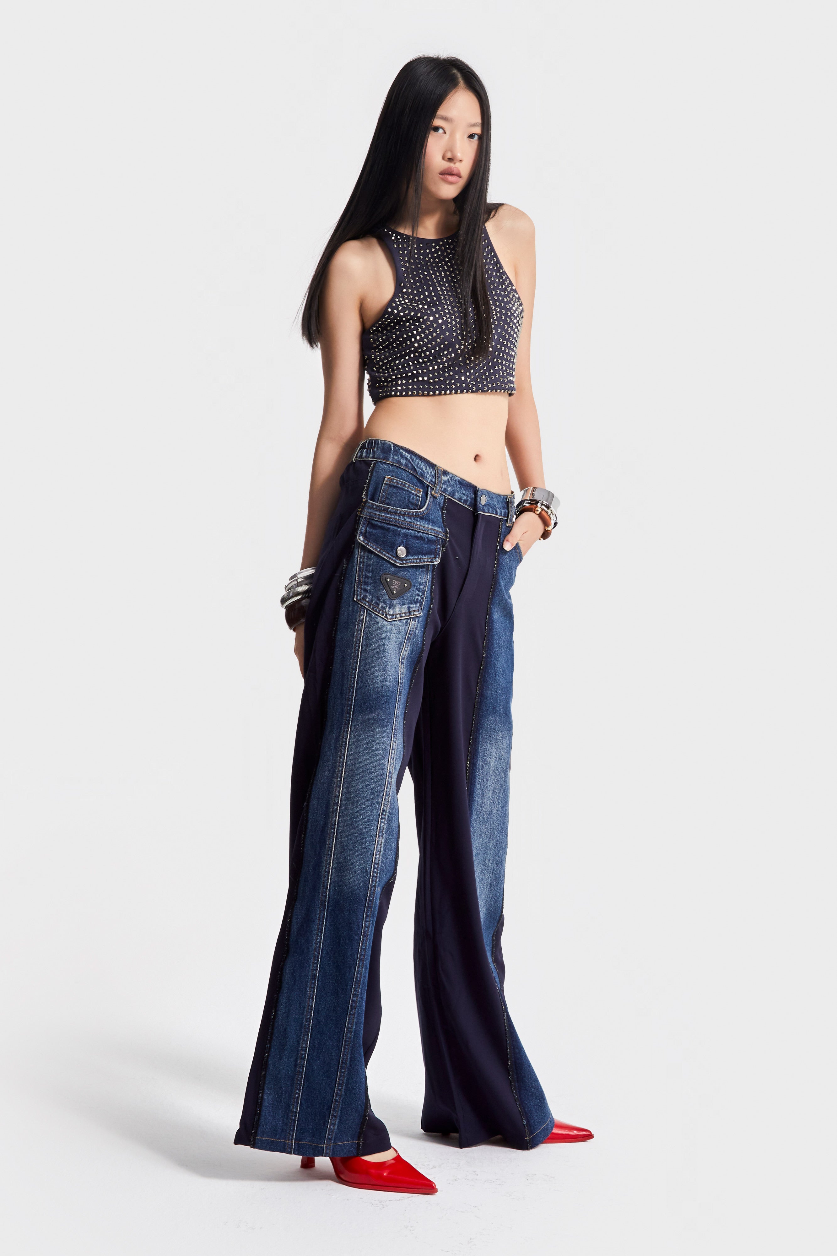 Kadın Mavi Renk Çift Parça Kumaş Bol Kesim Özel Tasarım Denim Jean