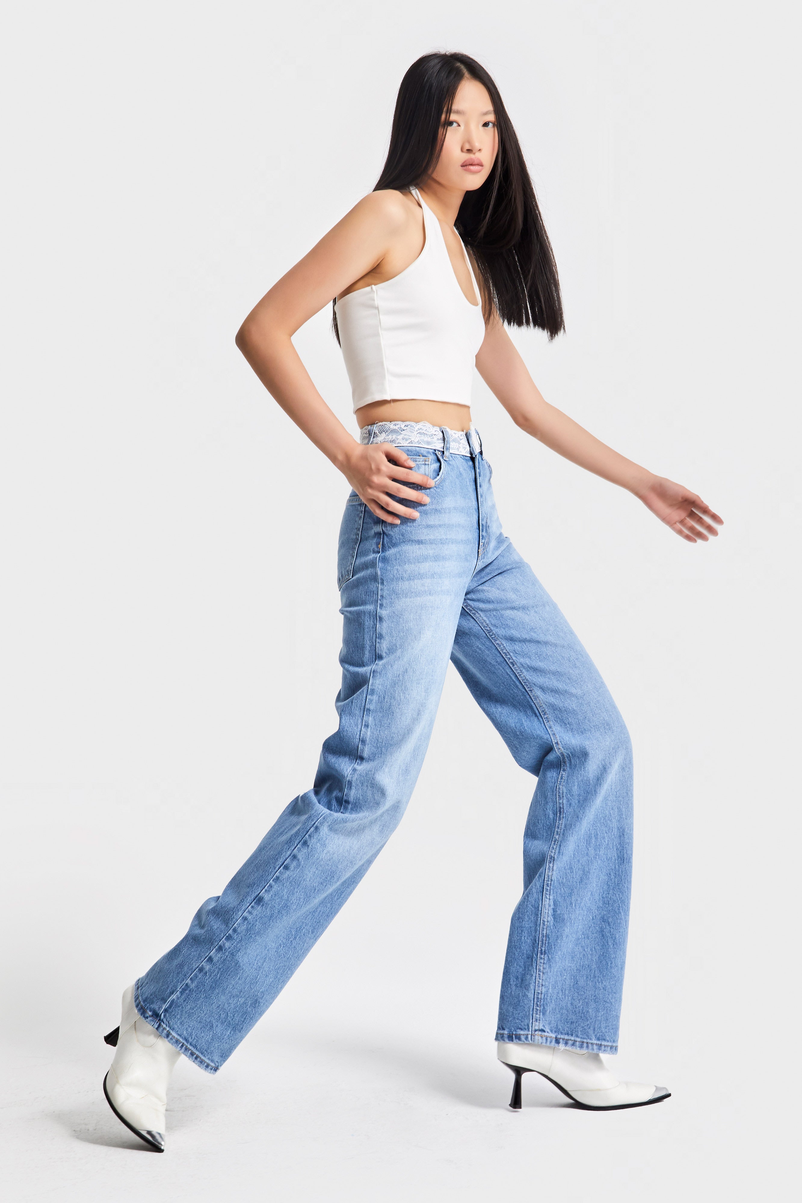Kadın Mavi Renk D-2s5-3 Straight Fit Kemeri Dantel Detaylı Yüksek Bel %100 Koton Tasarım Denim Jean