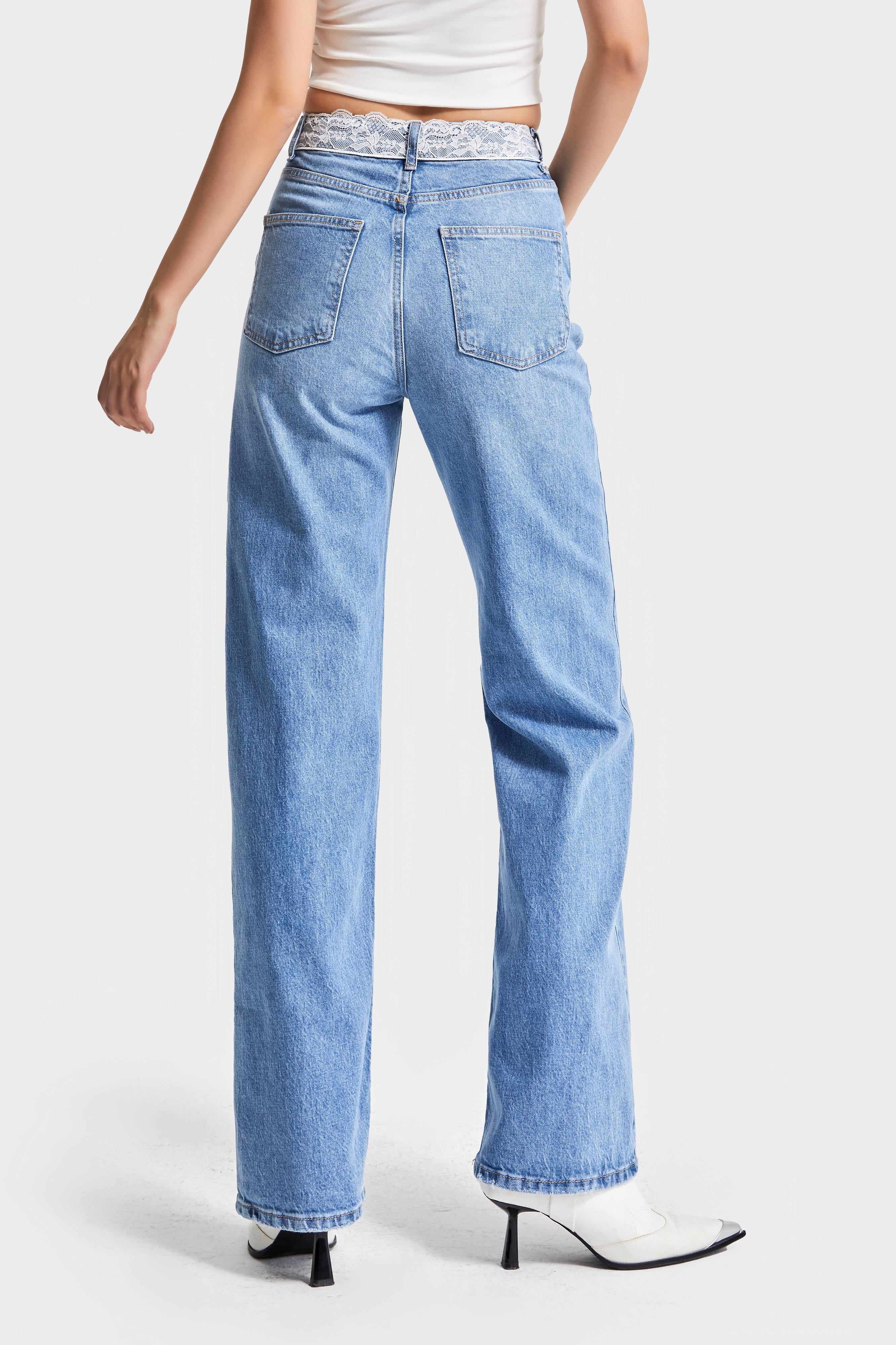 Kadın Mavi Renk D-2s5-3 Straight Fit Kemeri Dantel Detaylı Yüksek Bel %100 Koton Tasarım Denim Jean
