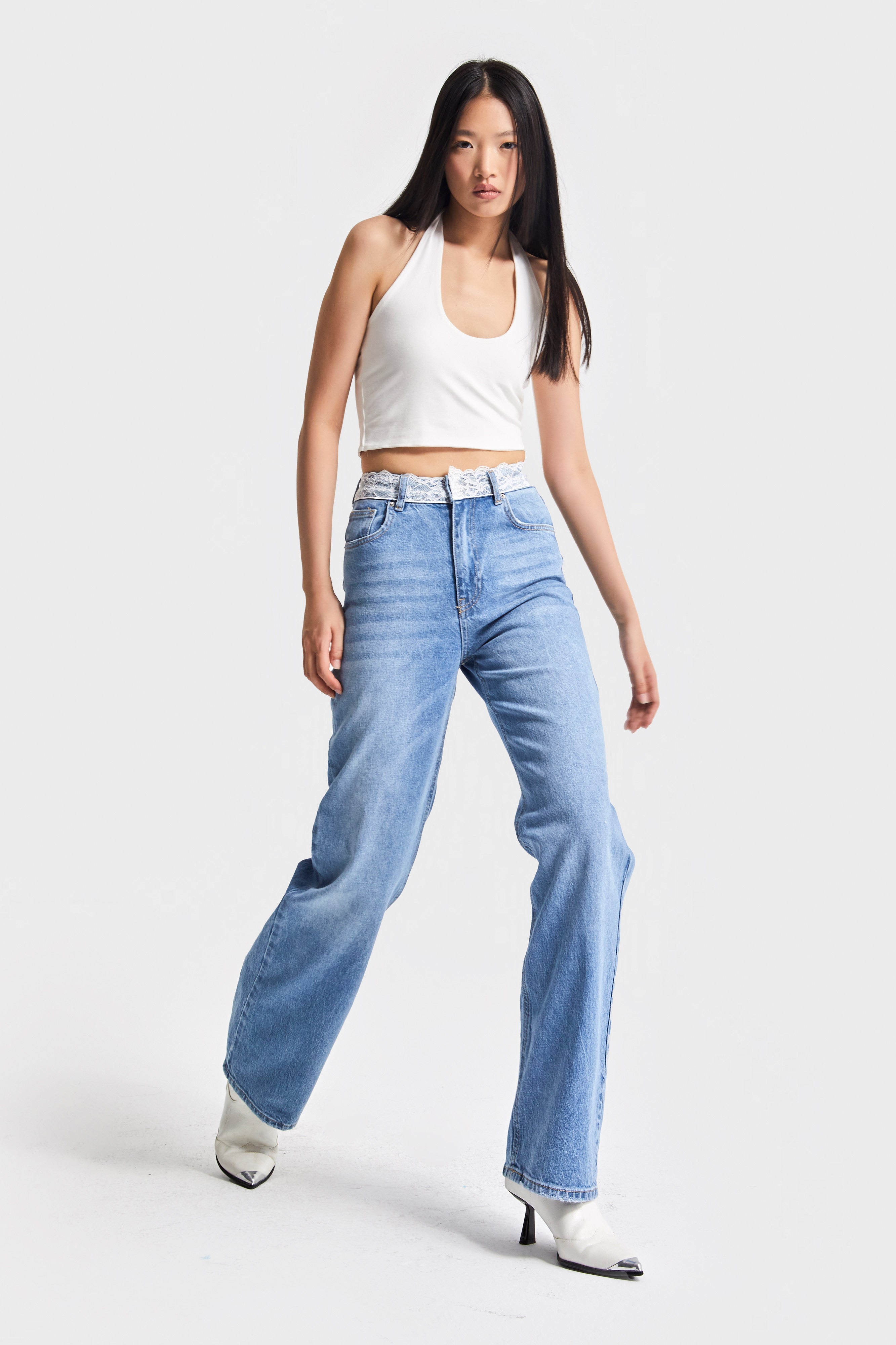 Kadın Mavi Renk D-2s5-3 Straight Fit Kemeri Dantel Detaylı Yüksek Bel %100 Koton Tasarım Denim Jean