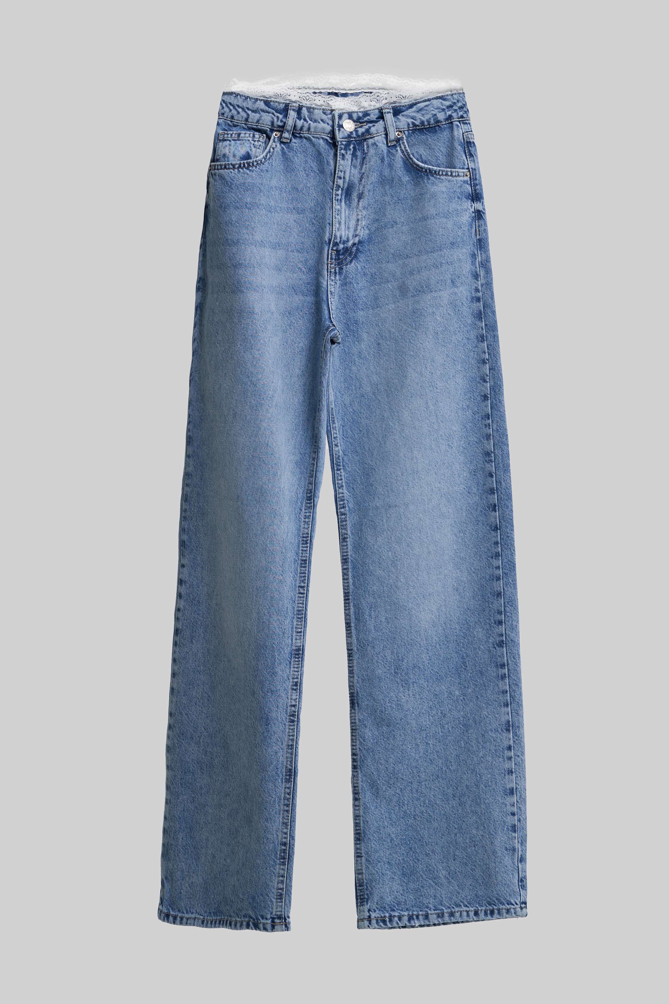 Kadın Mavi Renk D-4s5-27 Straight Fit Kemeri Dantel Detaylı Yüksek Bel Tasarım Denim Jean