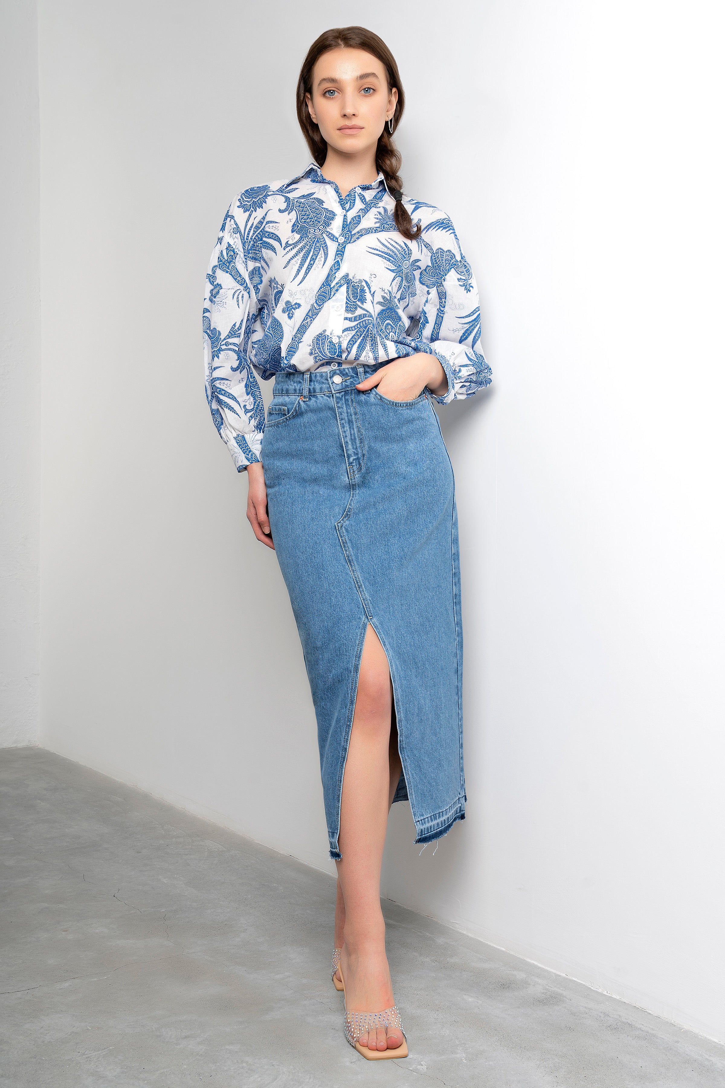 Women's Blue Color Deep Slit High Waist Long Denim Skirt