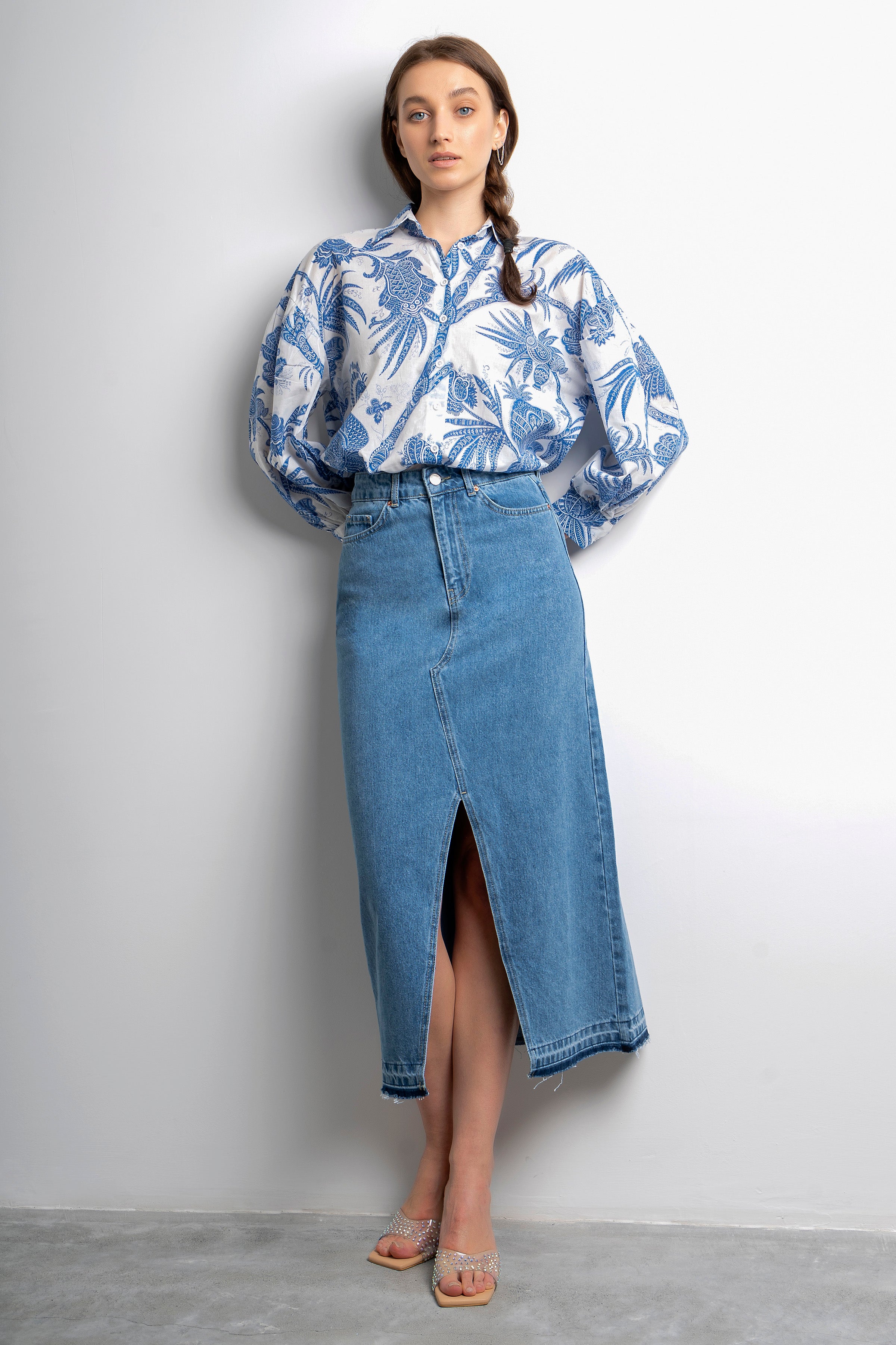 Women's Blue Color Deep Slit High Waist Long Denim Skirt